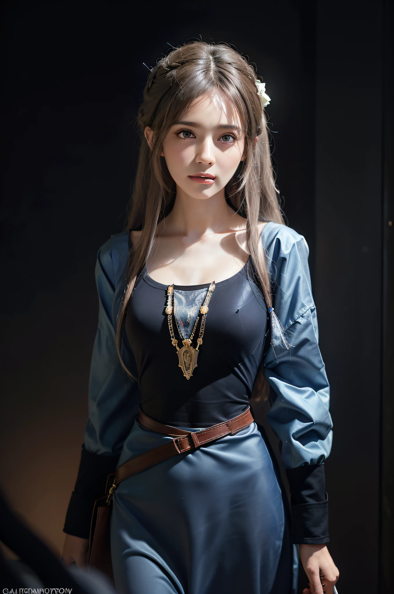 Hyperrealist portrait of female by david hockney and alphonse mucha,fantasy art, photo realistic, dynamic lighting, artstation, poster, volumetric lighting, very detailed faces, 4 k, award winning,, 1girl, in the dark, deep shadow, low key,cowboy shot,(official clothing:1.4) ,long hair,white hair,