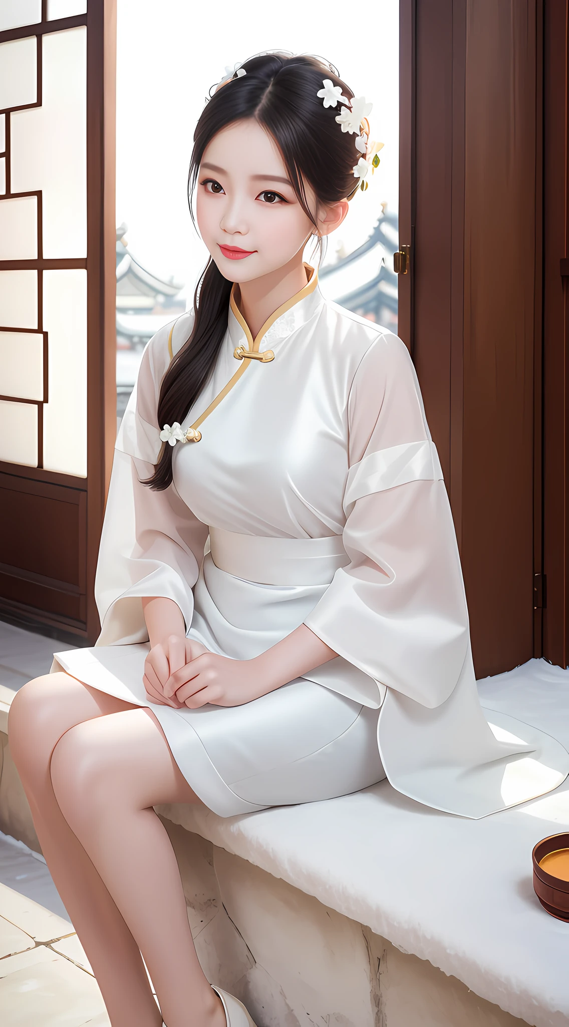 realistic, 1girl, makeup, chinese girl, delicate facial features, snow-white skin, big, lips parted, blush, (porcelain), light smile, East Asian architecture, sun, sunlight, reflection, hair accessories,
