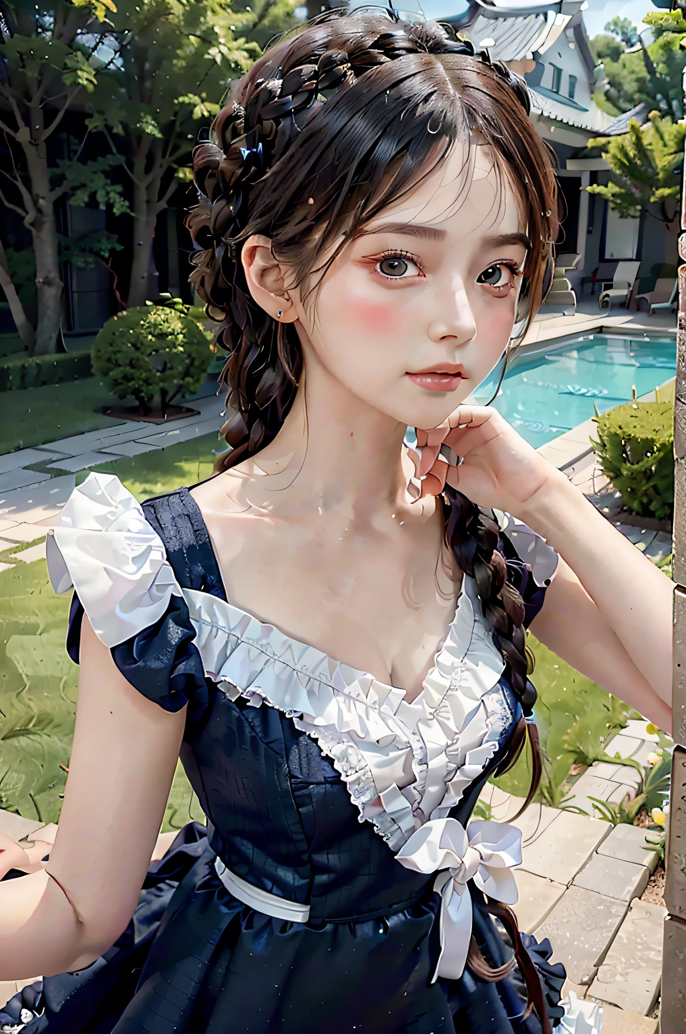 best quality, ultra hi res, photoreaslistic, a photography of a beautiful woman, 20yo teen age, detailed face, black Dutch braids with twists, (detailed porcelain doll,delicate clothes with a lot of frills and ribbons), Mansion pool, (face close up), seductive look, looking at viewer