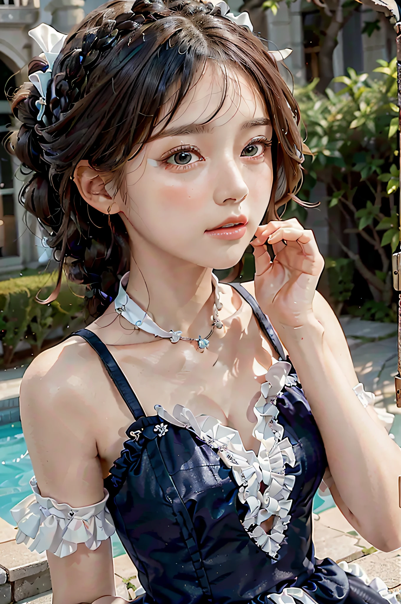best quality, ultra hi res, photoreaslistic, a photography of a beautiful woman, 20yo teen age, detailed face, black Dutch braids with twists, (detailed porcelain doll,delicate clothes with a lot of frills and ribbons), Mansion pool, (face close up), seductive look, looking at viewer