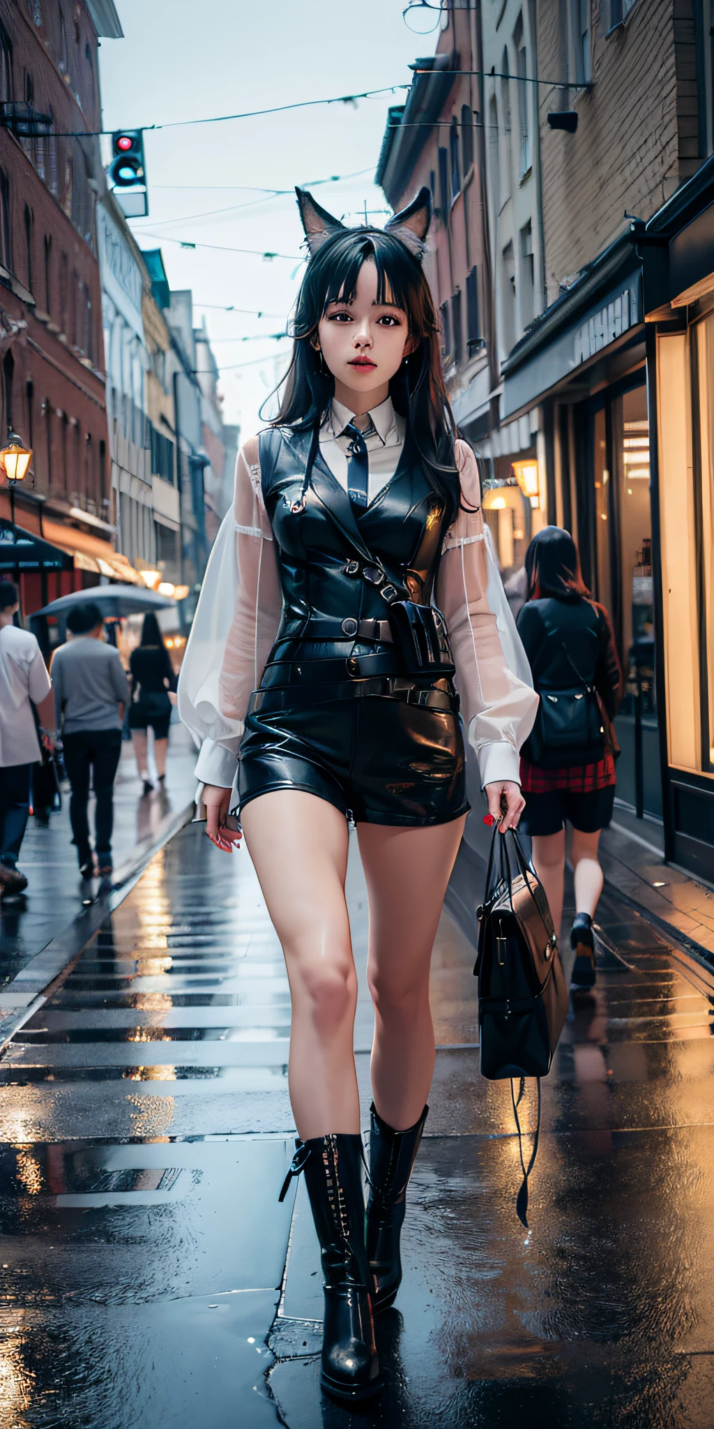 (8k, RAW photo, highly sensitive, best quality, masterpiece, ultra high res,  photorealistic:1.25),full body, dog ears, (night), raining, walking, city light,