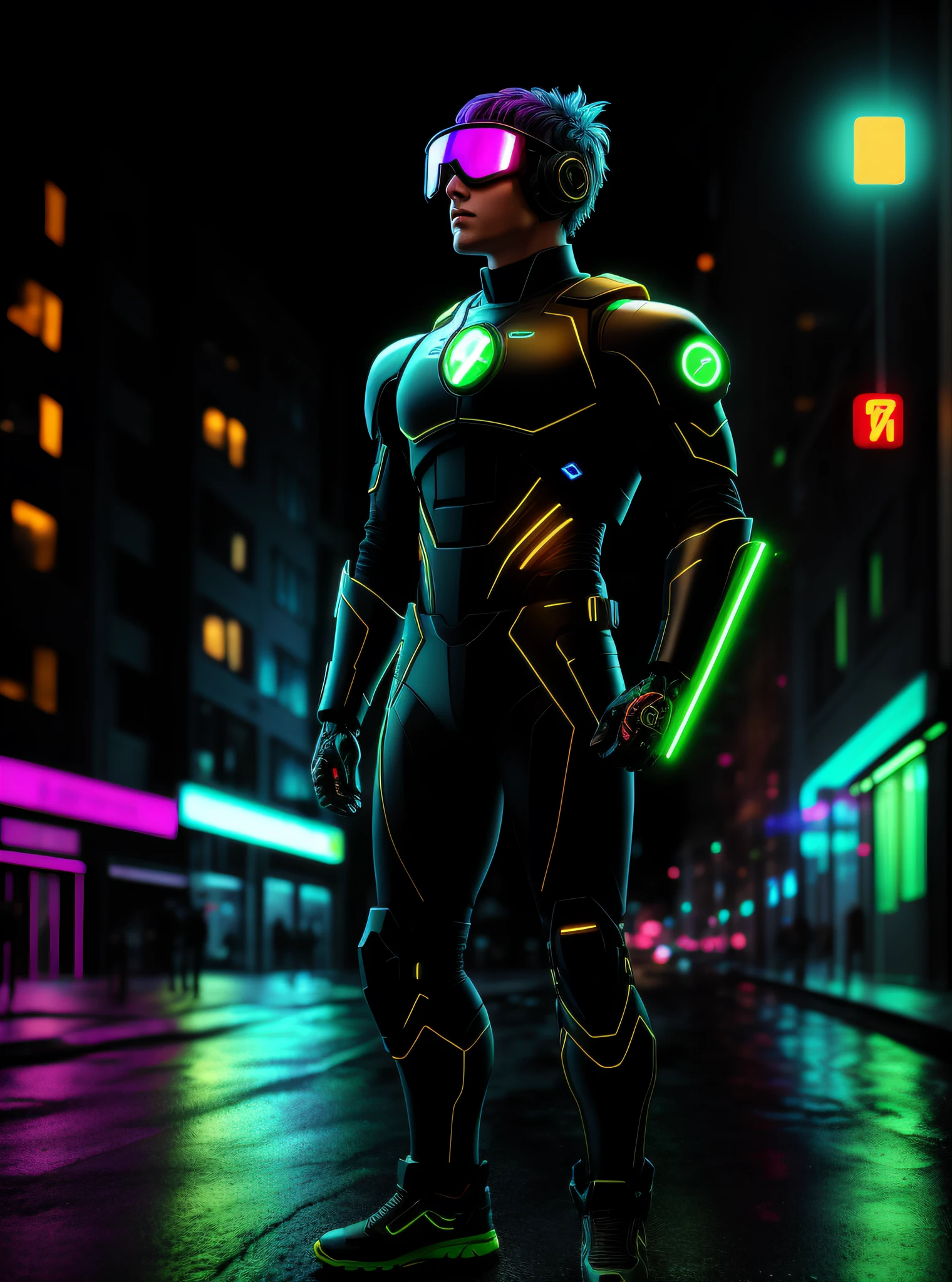 A photo of an award-winning masterpiece, psychedelic cyborg standing on a city street on a rainy night, wearing neon-colored luminescent goggles, 8k, (high quality: 1.1), (cinematic: 1.1), dark deep shadows, incredibly intricate details, art, (up close: 1.1), from above, side face, (flash: 1.1), (chromatic aberration, :1.2) background with floating light artifacts