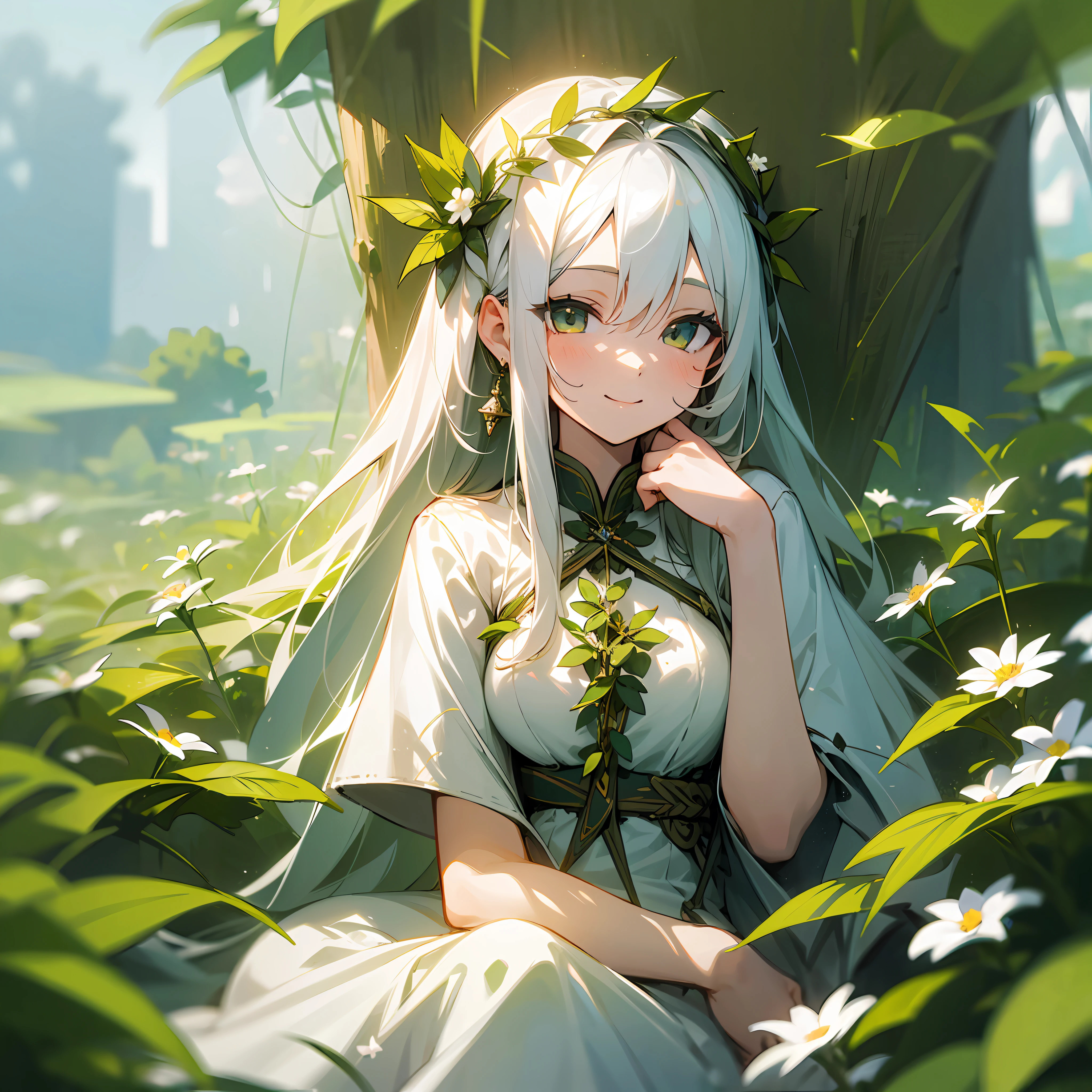 (Masterpiece, Best Quality), one girl with long white hair sitting in a field of green plants and flowers (anime), smiling, putting her hands under her chin, warm lighting, white dress, blurry foreground --auto --s2