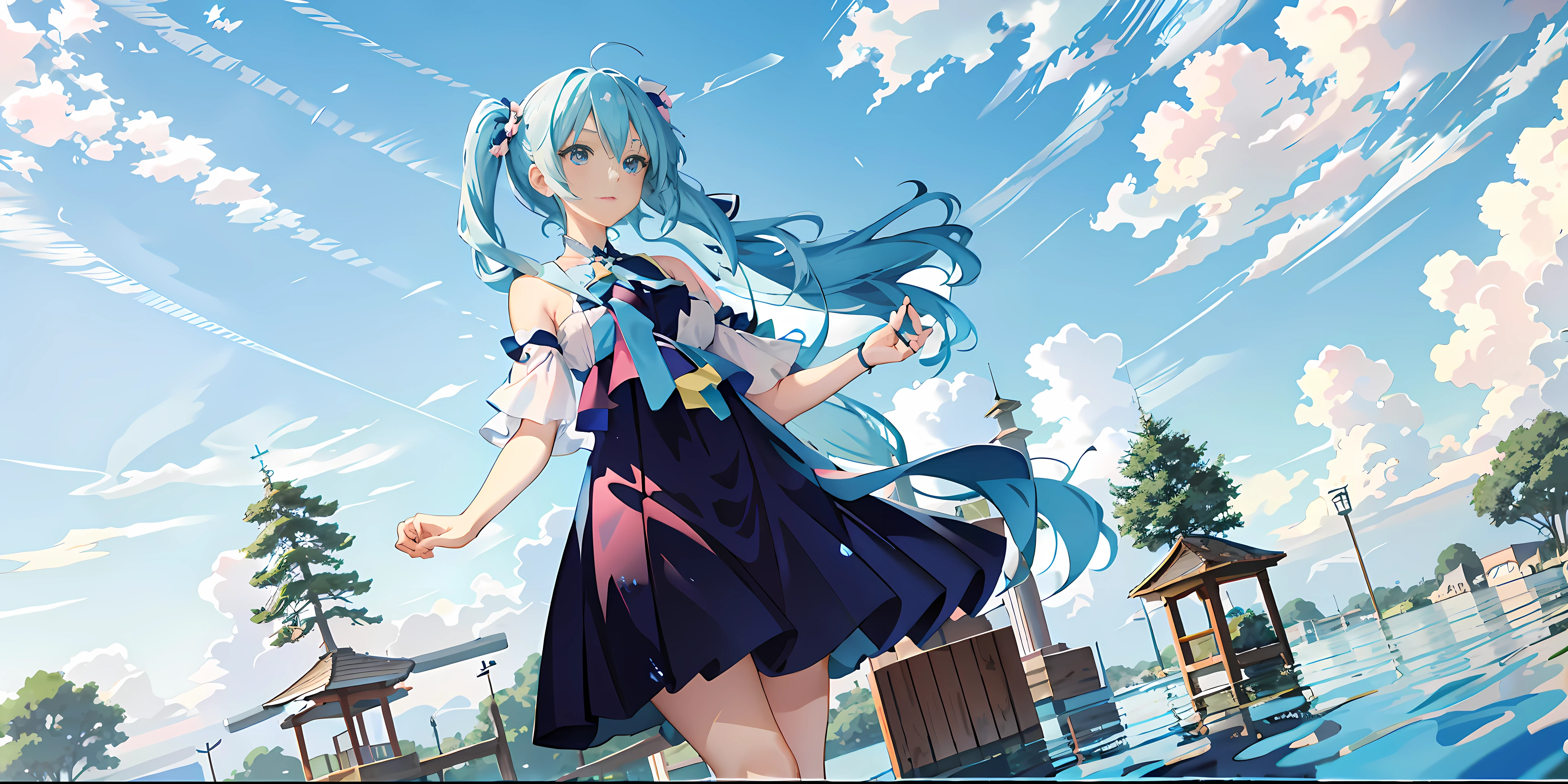 anime girl in a blue dress standing in a pond of water, wallpaper anime blue water, anime style 4 k, anime art wallpaper 8 k, anime art wallpaper 4k, anime art wallpaper 4 k, 4k anime wallpaper, anime girl walking on water, anime wallpaper 4 k, anime wallpaper 4k, pink twintail hair and cyan eyes, hd anime wallaper