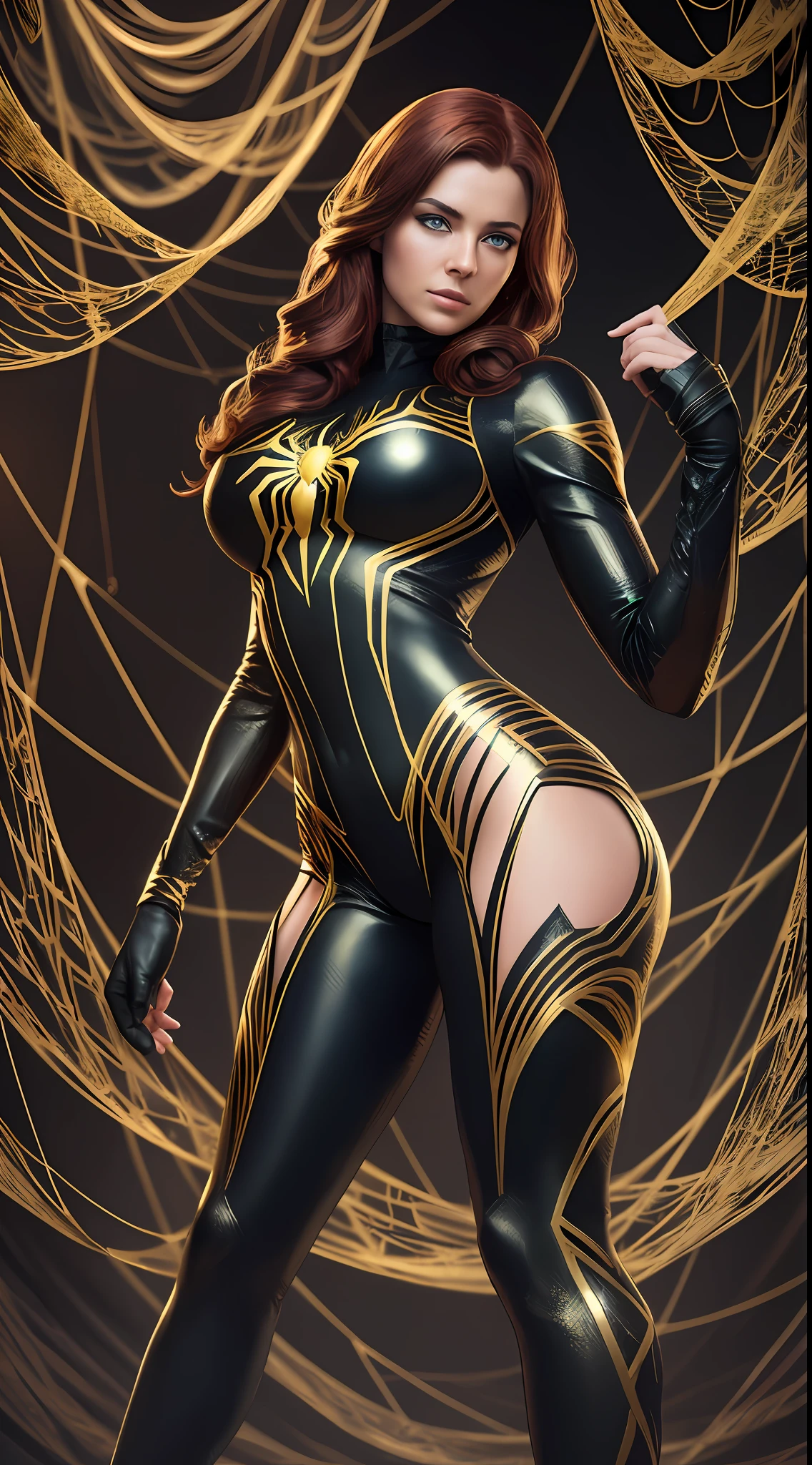 Beautiful woman, solo, full body, in a black and gold spider man cosplay, medium breast, perfect face, blue eyes, red hairs, background in black with large gold spider webs, best quality, award-winning, cinematic poster, wallpaper, hyperrealistic, ultrarealistic, intricate details, UHD, 8K, incredible details, soft light, deep shadows, soft shadows, photorealistic --s2