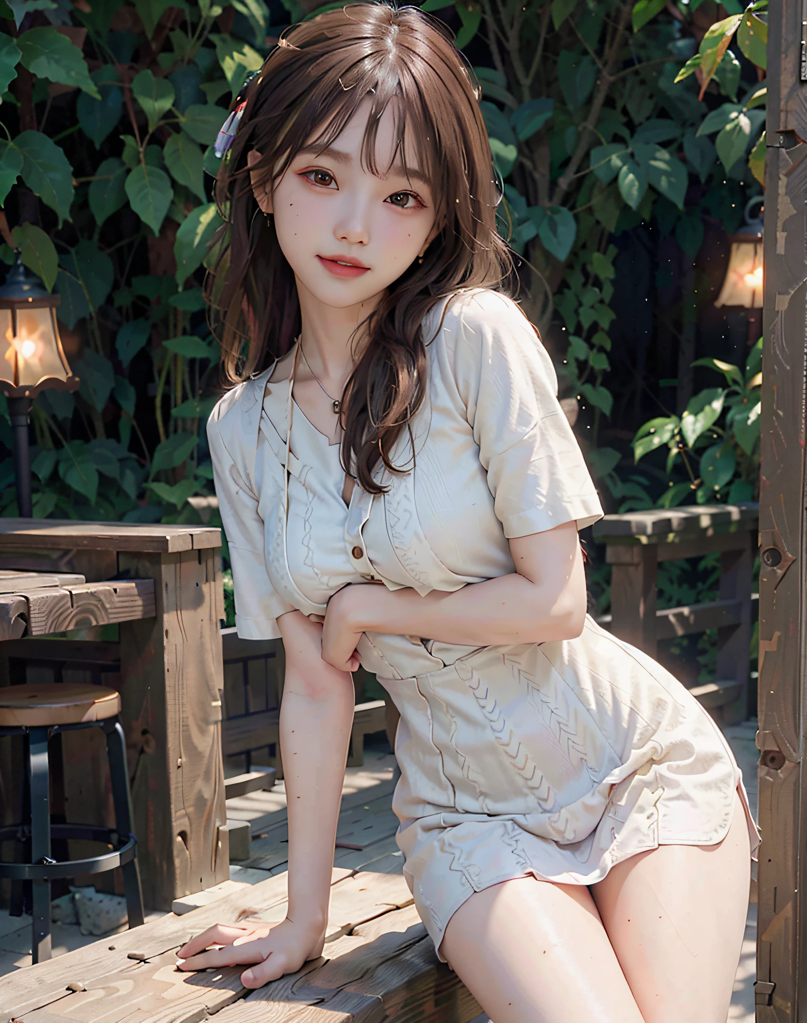 8k,(RAW photo),(best quality), (photo-realistic:1.4),realistic skin texture 1girl,Cute,Double eyelid,bangs,full body,petite,Thin leg,(Slender figure),slim,smile,headgear,earrings,necklace,looking at looking at viewer,face focus,depth of field,club ,(Bust Up Shot:1),Bokeh,,