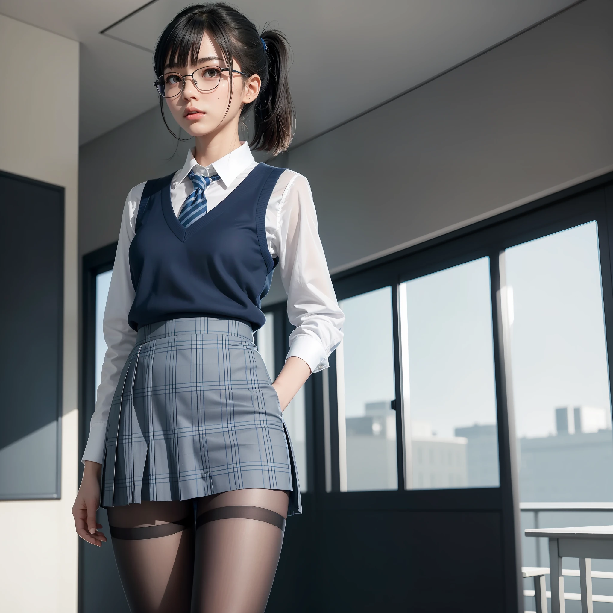 standing,One girl, Solo,Knees spread,Raw photo, Candid, Narrow eyes, Full body, Black pantyhose, Textured skin, Blue panties fully visible, Blue tie, Short ponytail, Bangs about eyebrows,(Medium hair:1.2), Light skin, Japan person, Glasses, small, Young, Tall, Dark expression, bright black eyes, anger, School uniform, School pleats, blue and dark blue gray-silver Check skirt skirt dark blue× blue check, slender body, medium build, small waist, wide thighs, photorealistic, top quality, 8K, masterpiece