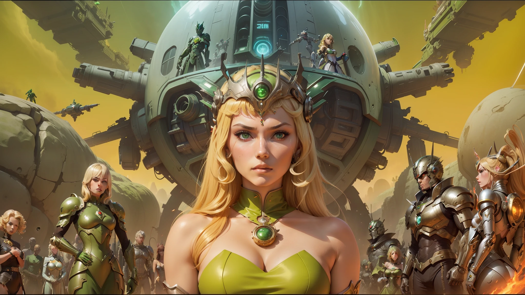 there is a woman in a green dress standing in front of a group of robots, barbarella, key art, youtube thumbnail, zulu, zeen chin and terada katsuya, blonde empress, still from a movie, donot giancola, santa cyborg necromancer girl , por Victor Moscoso, utopia profile, epic album cover --auto --s2