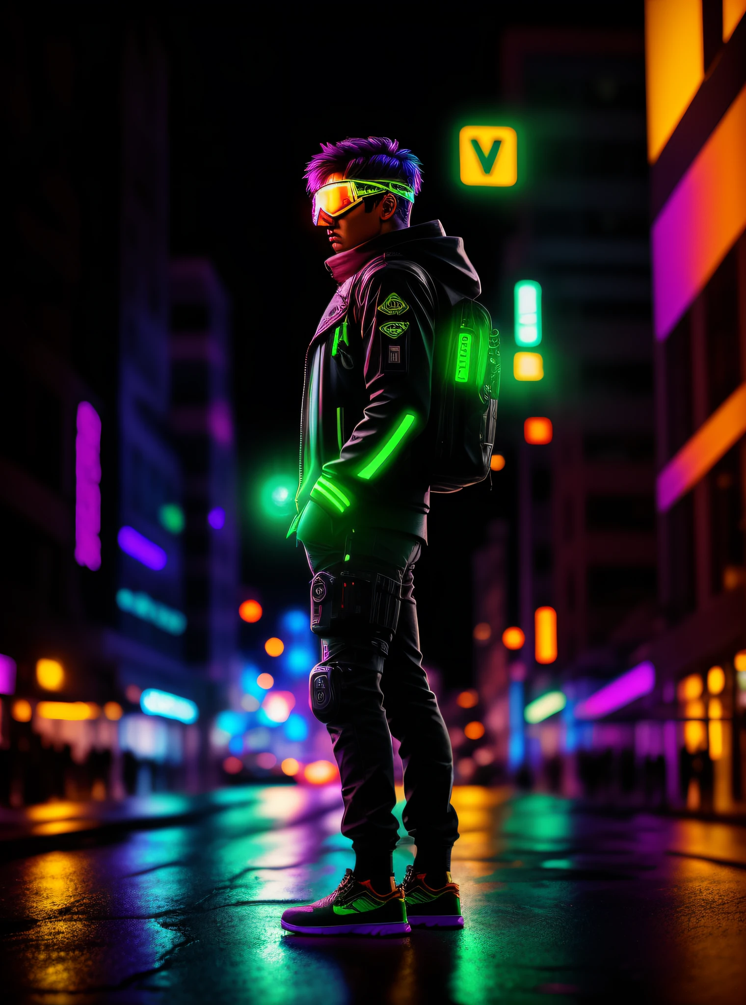 A photo of an award-winning masterpiece, psychedelic cyborg standing on a city street on a rainy night, wearing neon-colored luminescent goggles, 8k, (high quality: 1.1), (cinematic: 1.1), dark deep shadows, incredibly intricate details, art, (up close: 1.1), from above, side face, (flash: 1.1), (chromatic aberration, :1.2) background with floating light artifacts