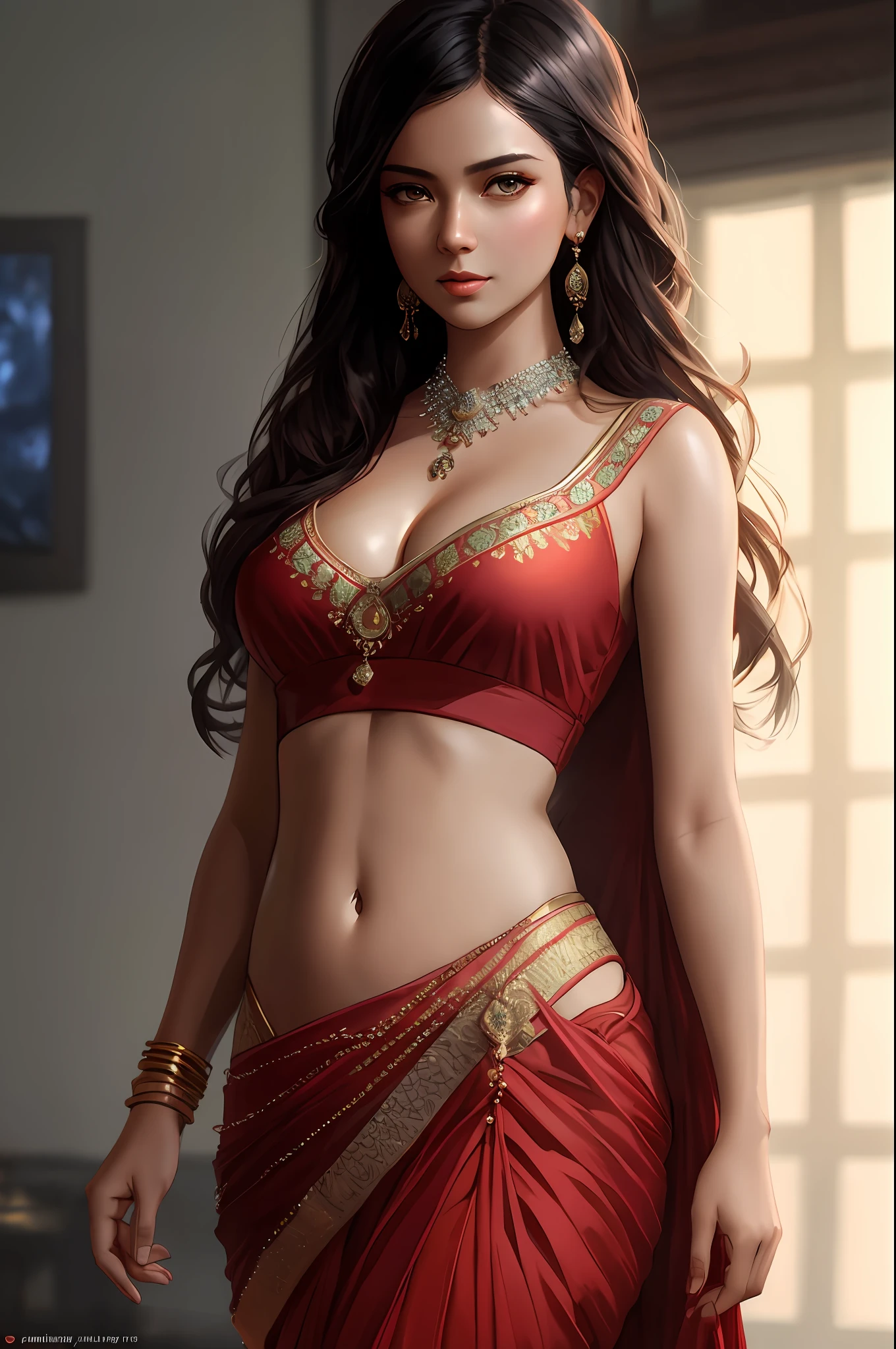 modelshoot style, (extremely detailed CG unity 8k wallpaper), full shot body photo of the most beautiful artwork in the world, stunningly beautiful photo realistic cute women in saree (navel:1.5), professional majestic oil painting by Ed Blinkey, Atey Ghailan, Studio Ghibli, by Jeremy Mann, Greg Manchess, Antonio Moro, trending on ArtStation, trending on CGSociety, Intricate, High Detail, Sharp focus, dramatic, photorealistic painting art by midjourney and greg rutkowski