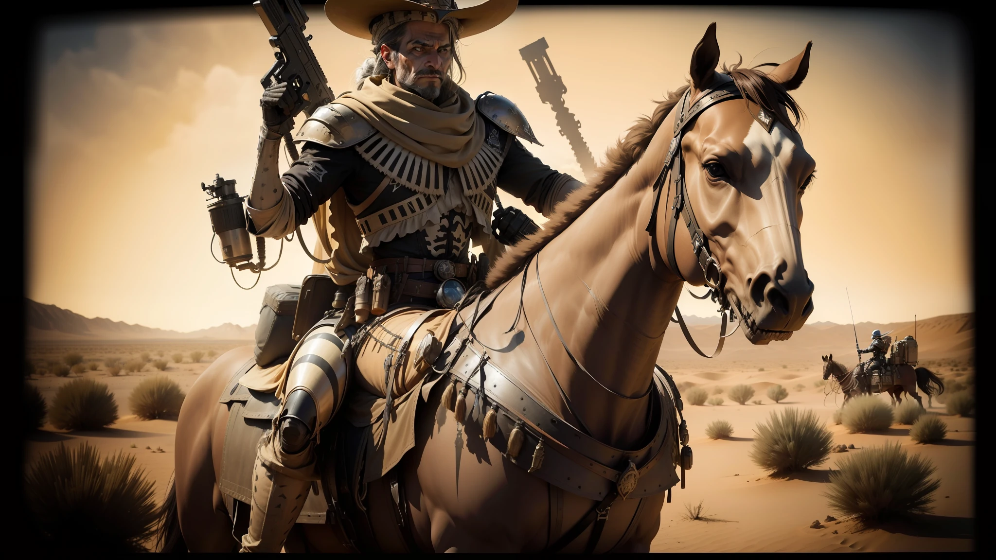 araffe dressed in a skeleton costume riding a horse in the desert, from a 2 0 1 9 sci fi 8 k movie, symmetrical dieselpunk warrior, still frame from a movie, dual wielding large revolvers, cosplay photo, pierre pellegrini and ash thorp, a character portrait, oilpunk --auto --s2