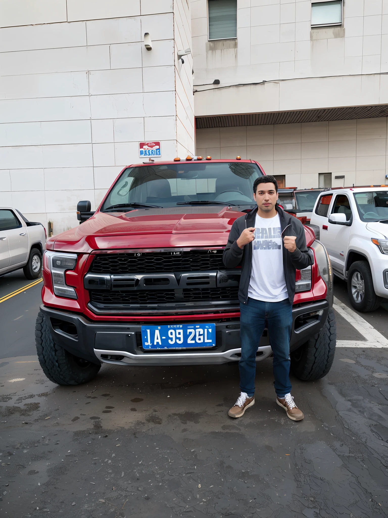 A man stands in front of a red truck with license plates, realistic, natural, hyper-real