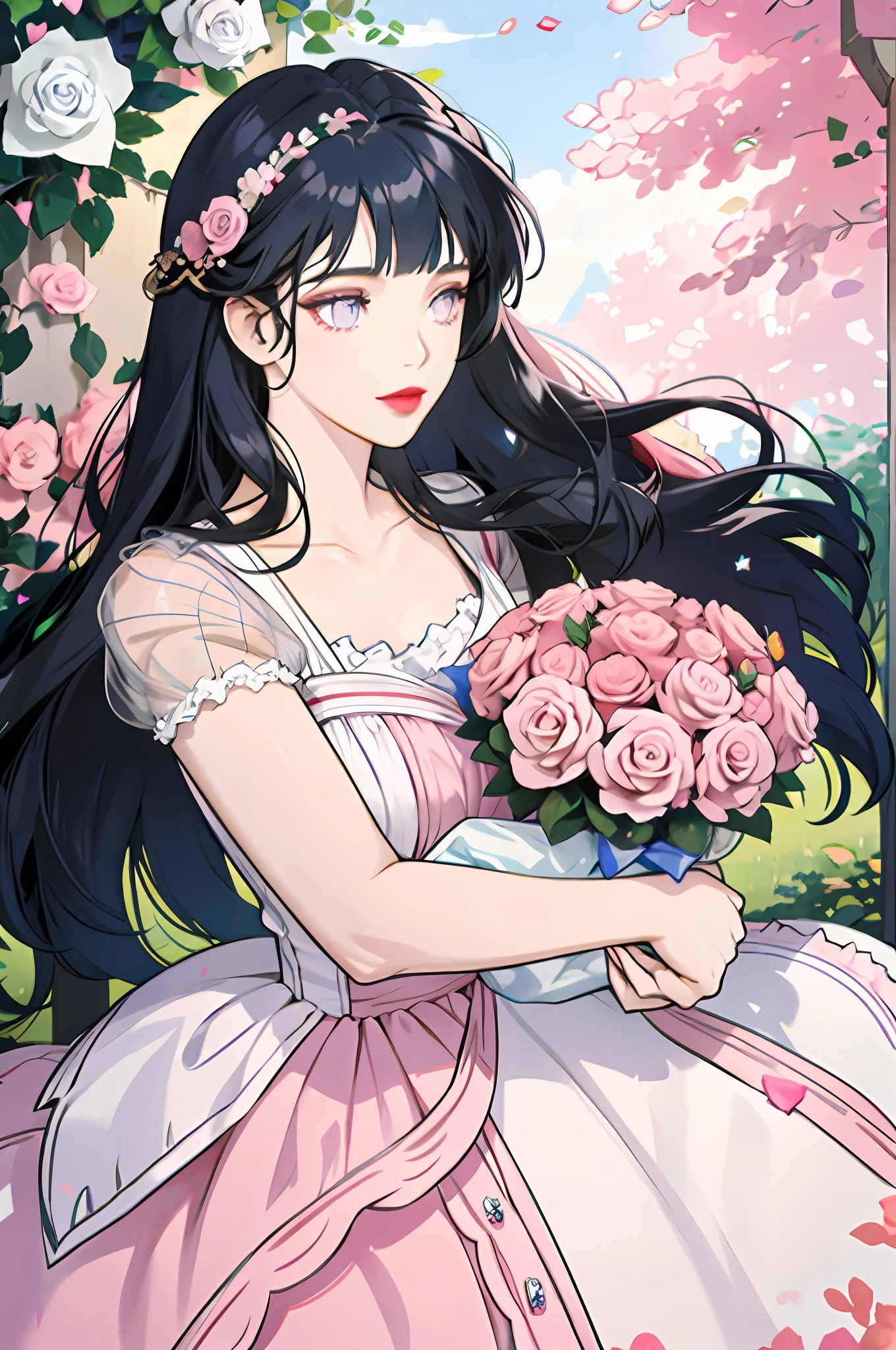 girl with long wavy dark blue hair holding a bouquet of pink and white roses, red lips, light purple eyes, cute dress, pastel blue dress, flowers, garden, blunt bangs,