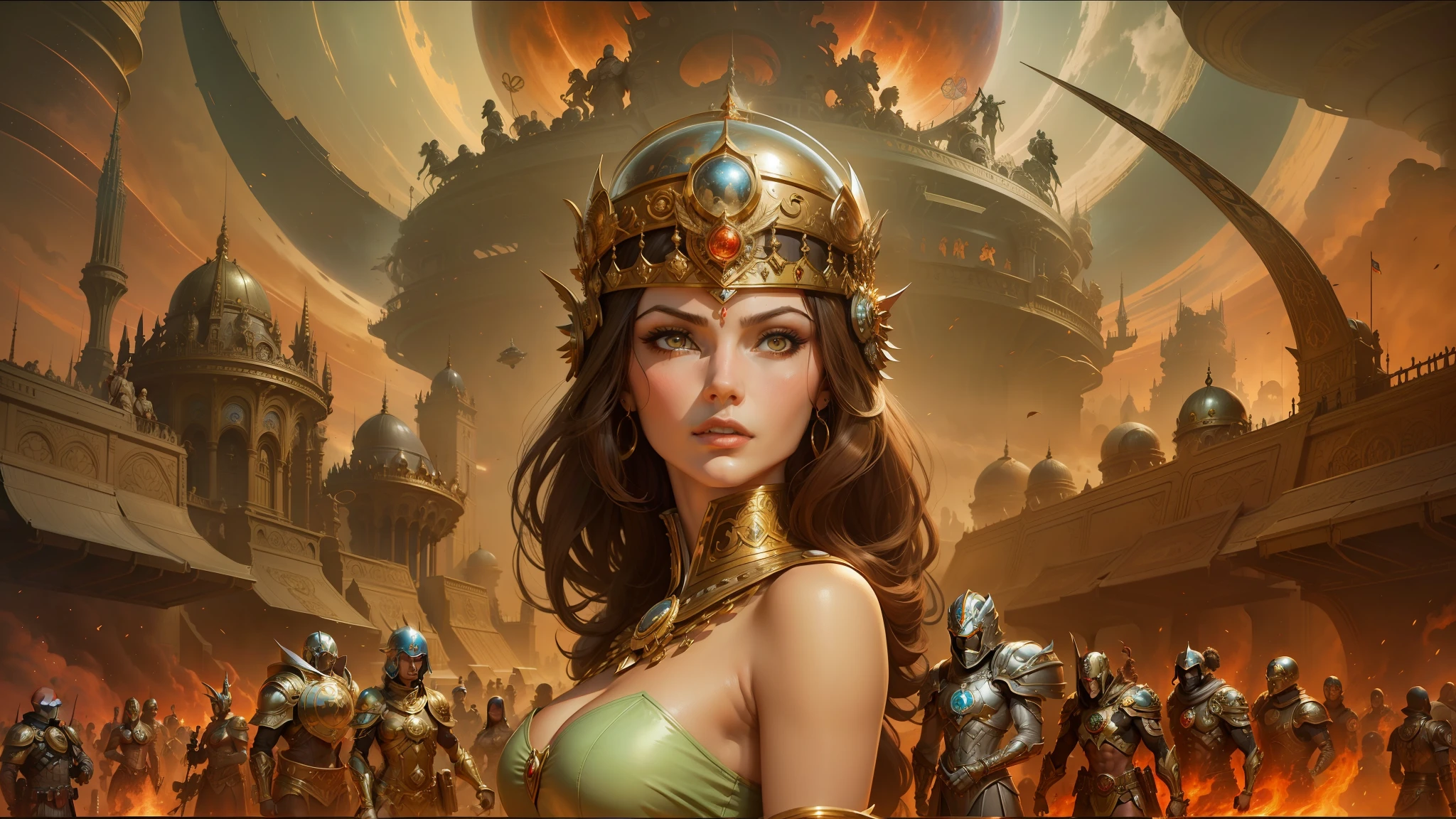 arafed image of a woman with a helmet on surrounded by other people, stephen hickman, beautiful retro art, mars attacks, gilded lotus princess, featured on cgsociety, cosmic apocalypse, persian queen, kirill leonov, by Jason A. Engle, barbarella --auto --s2