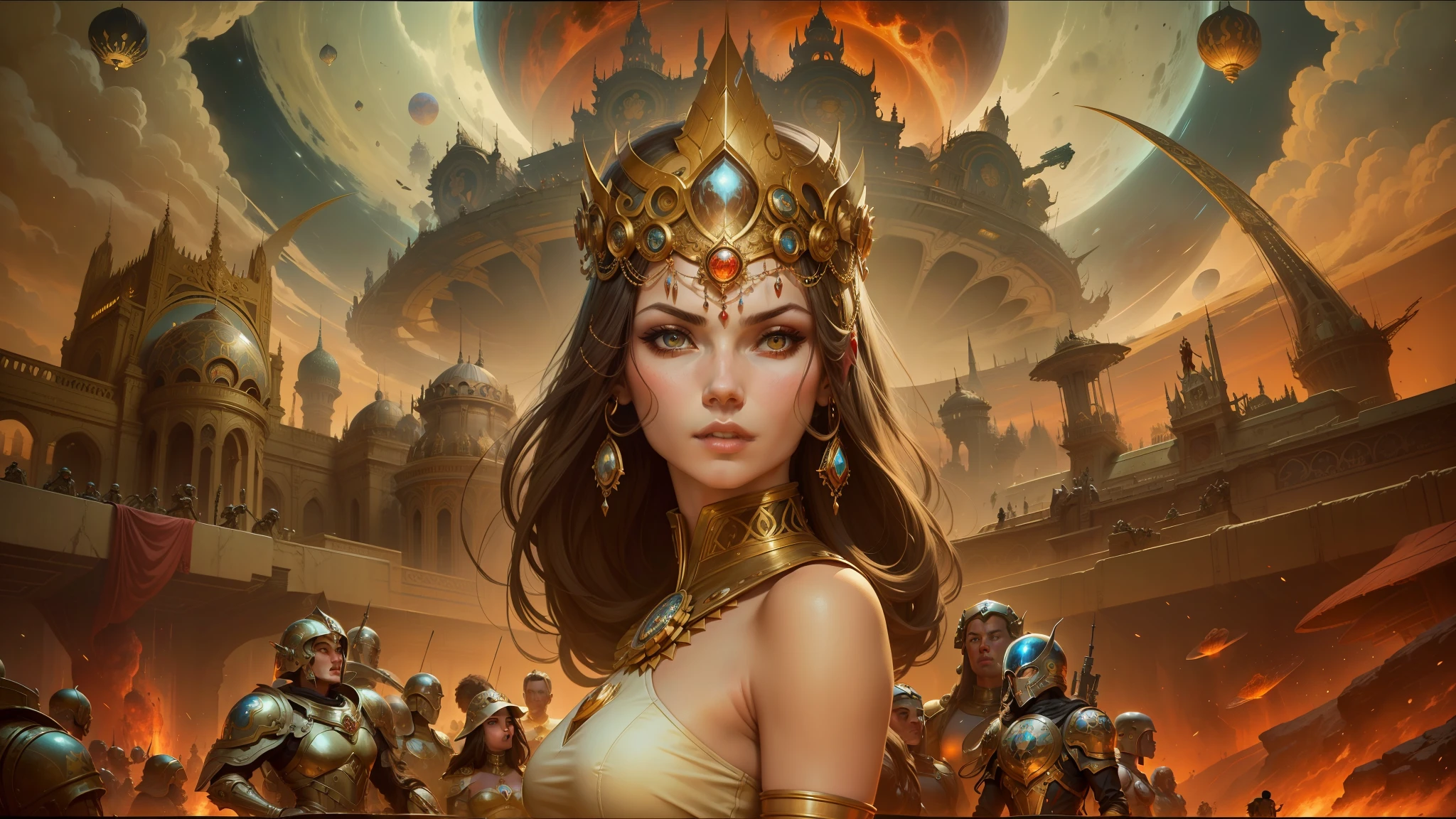 arafed image of a woman with a helmet on surrounded by other people, stephen hickman, beautiful retro art, mars attacks, gilded lotus princess, featured on cgsociety, cosmic apocalypse, persian queen, kirill leonov, by Jason A. Engle, barbarella --auto --s2