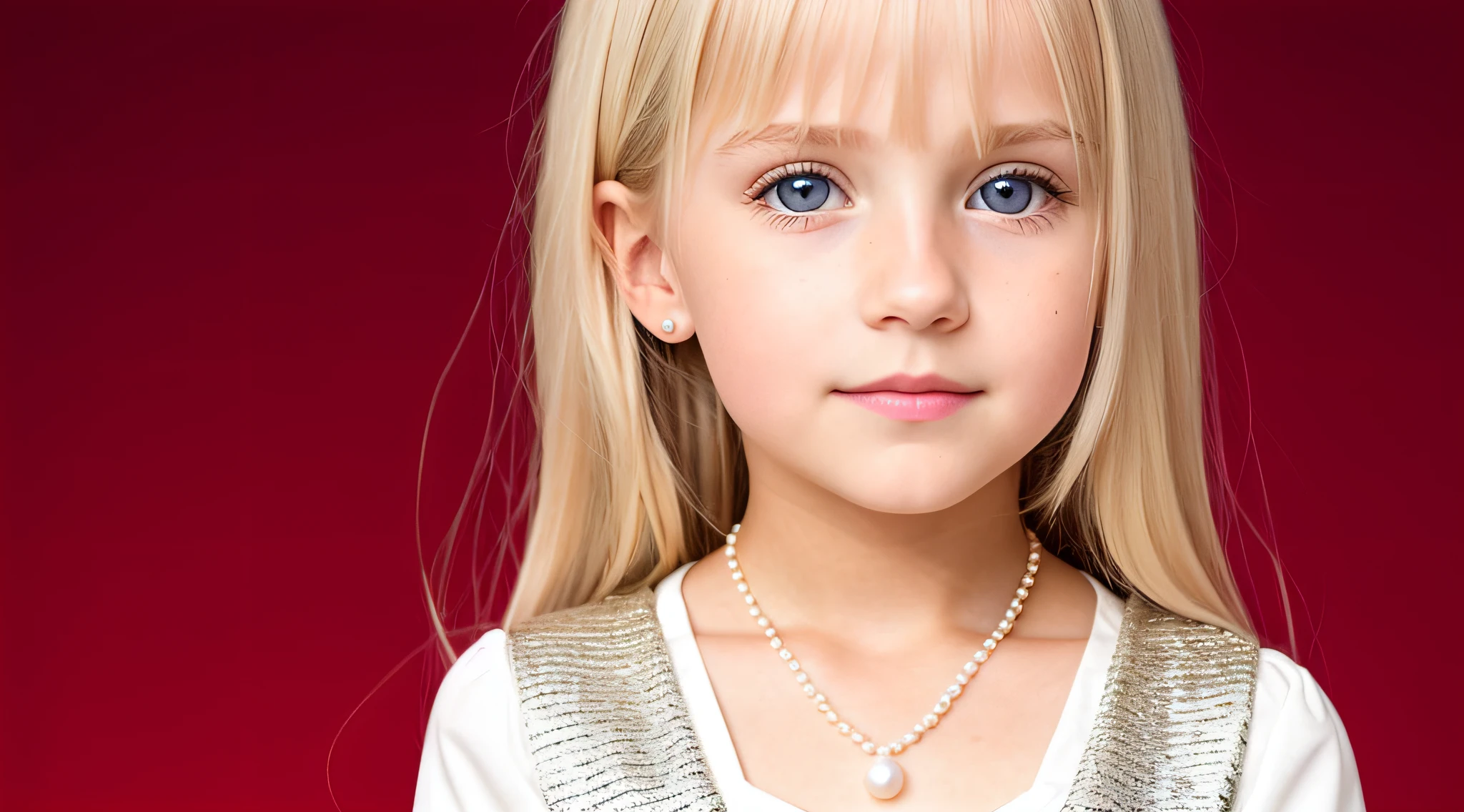 BLONDE girl, golden eyes, platinum haired girl, pearl brooch in hair, RED BACKGROUND.