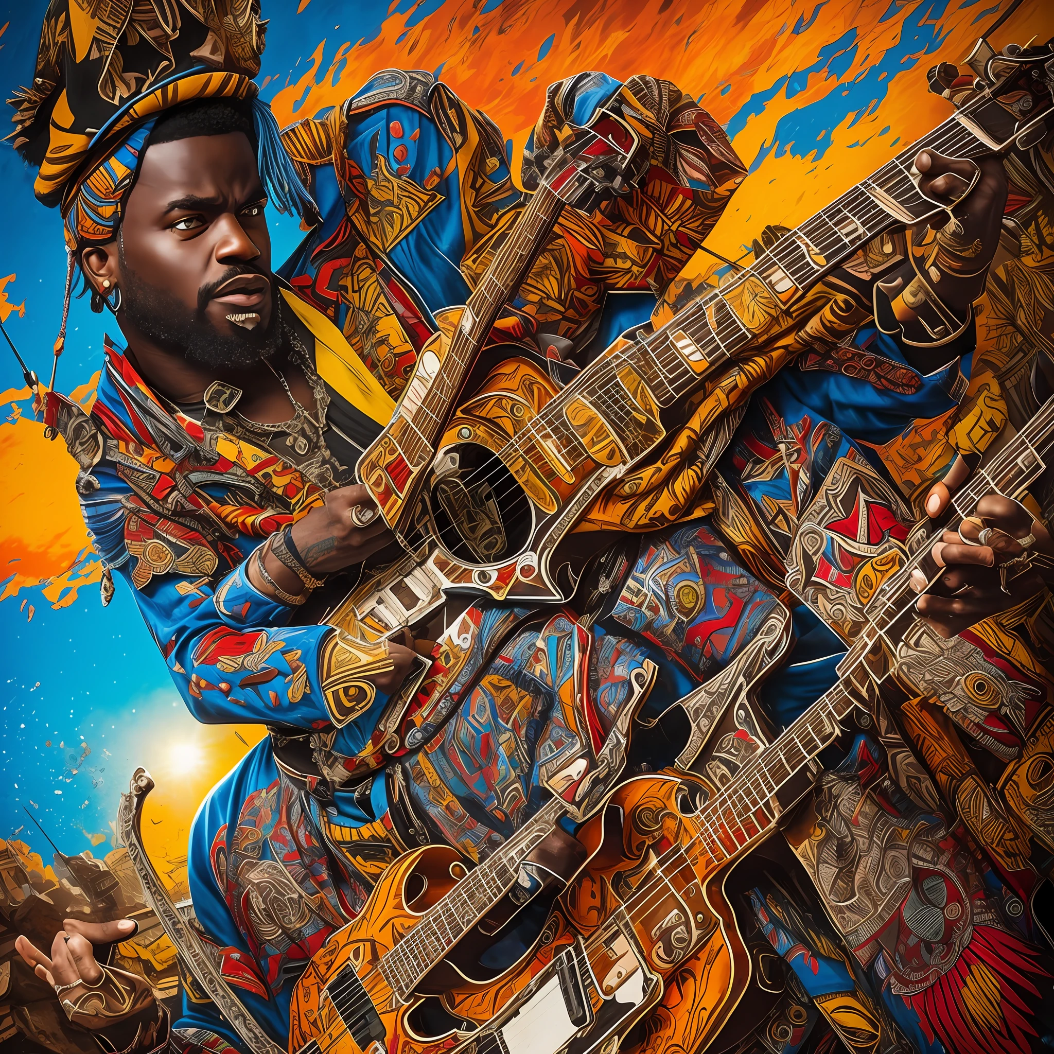 a funny punk rock African characters with guitar and eye as head , in a street, in Hollywood, rich deep colors. masterpiece. intricate artwork, very coherent symmetrical artwork, cinematic, hyper realism, high detail, octane render, unreal engine, 8 k, vibrant colors, high contrast, depth of field. full body character drawing, inspired, clean ink detailed line drawing, intricate detail, extremely detailed.