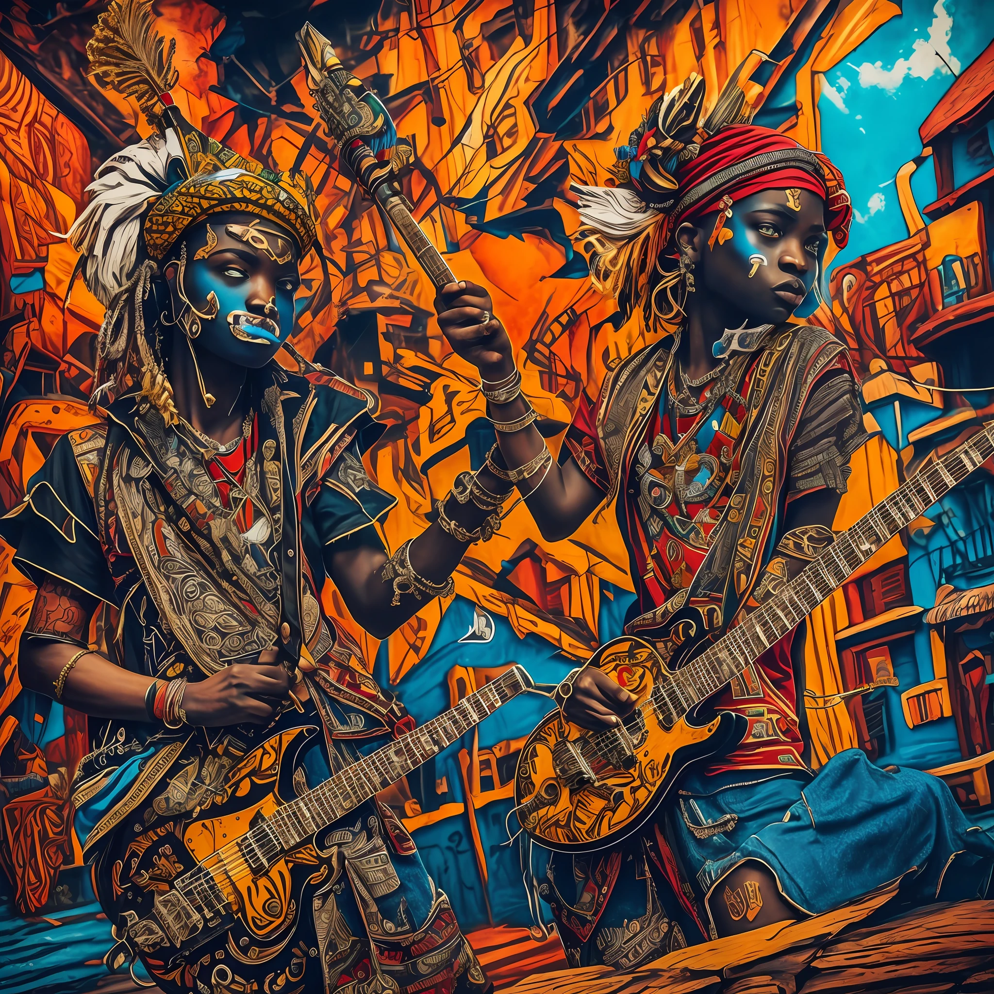 a funny punk rock African characters with guitar and eye as head , in a street, in Hollywood, rich deep colors. masterpiece. intricate artwork, very coherent symmetrical artwork, cinematic, hyper realism, high detail, octane render, unreal engine, 8 k, vibrant colors, high contrast, depth of field. full body character drawing, inspired, clean ink detailed line drawing, intricate detail, extremely detailed.