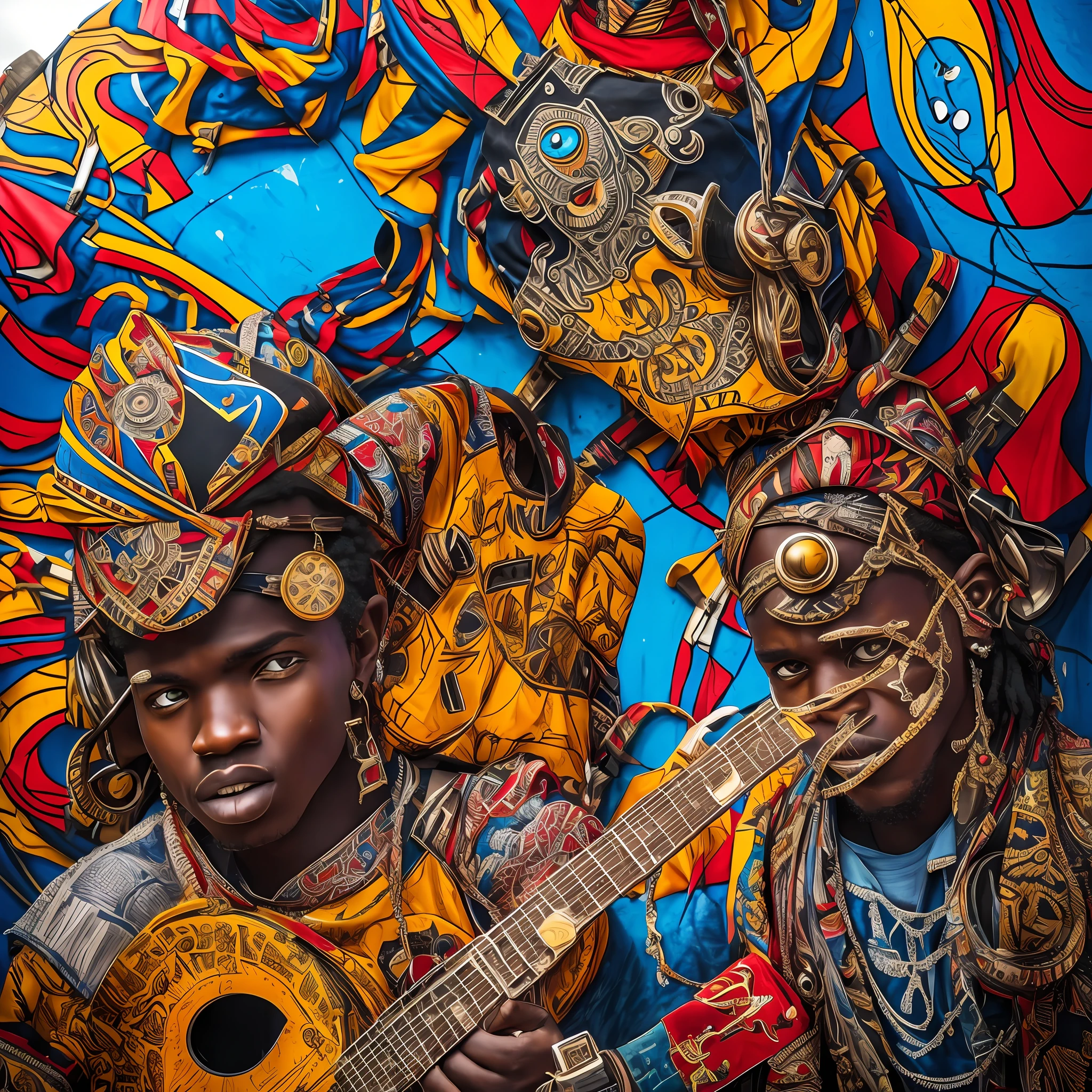 a funny punk rock African characters with guitar and eye as head , in a street, in Hollywood, rich deep colors. masterpiece. intricate artwork, very coherent symmetrical artwork, cinematic, hyper realism, high detail, octane render, unreal engine, 8 k, vibrant colors, high contrast, depth of field. full body character drawing, inspired, clean ink detailed line drawing, intricate detail, extremely detailed.