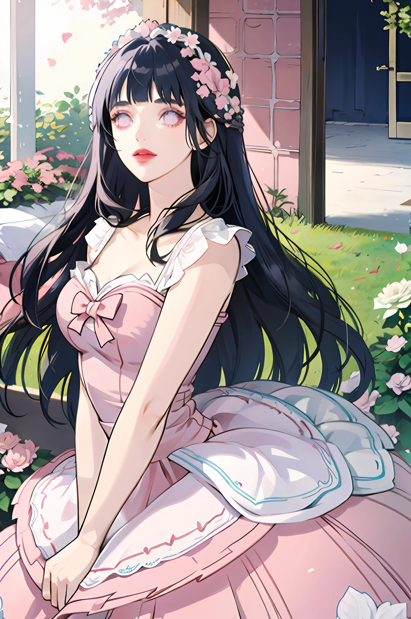 girl with long wavy dark blue hair holding a bouquet of pink and white roses, red lips, light purple eyes, cute dress, pastel blue dress, flowers, garden, blunt bangs,