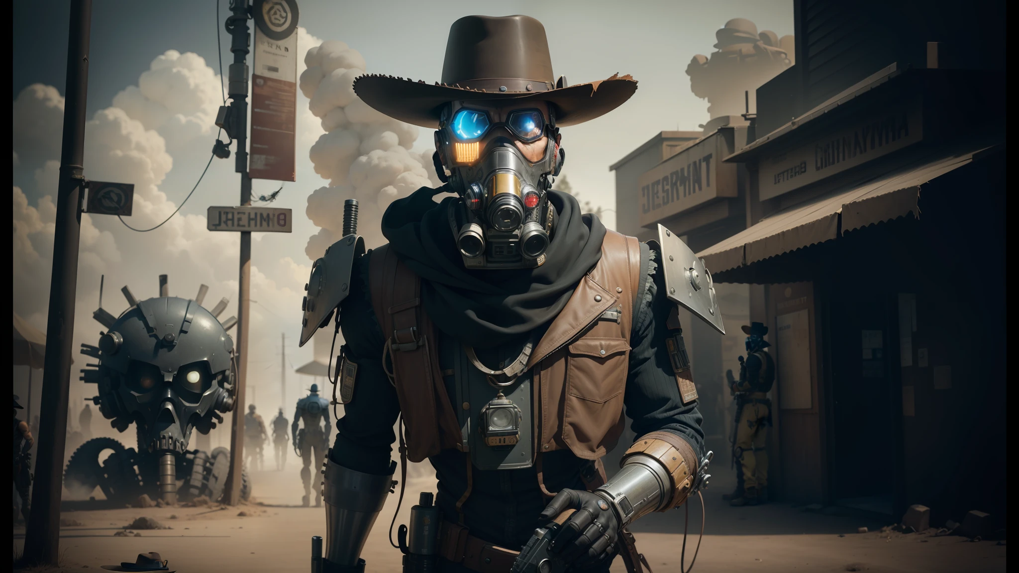 arafed man in a gas mask and hat with a gun, cyberpunk wild west, humanoid robot, sony a7iii, normal people with costumes, character close-up, lucky luke, full length character, real life characters, terminator skeleton, old sepia photography, at high noon --auto --s2
