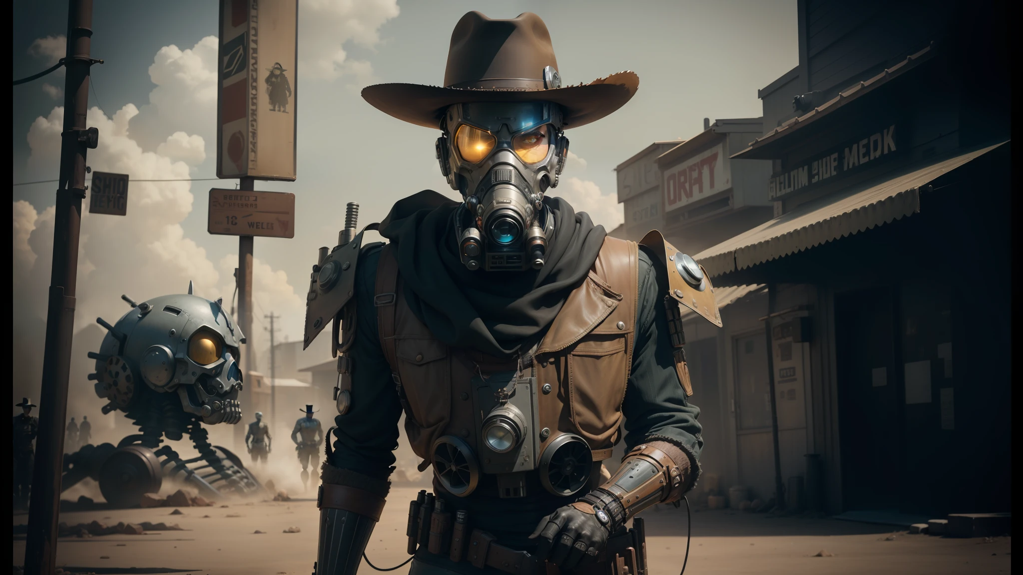 arafed man in a gas mask and hat with a gun, cyberpunk wild west, humanoid robot, sony a7iii, normal people with costumes, character close-up, lucky luke, full length character, real life characters, terminator skeleton, old sepia photography, at high noon --auto --s2