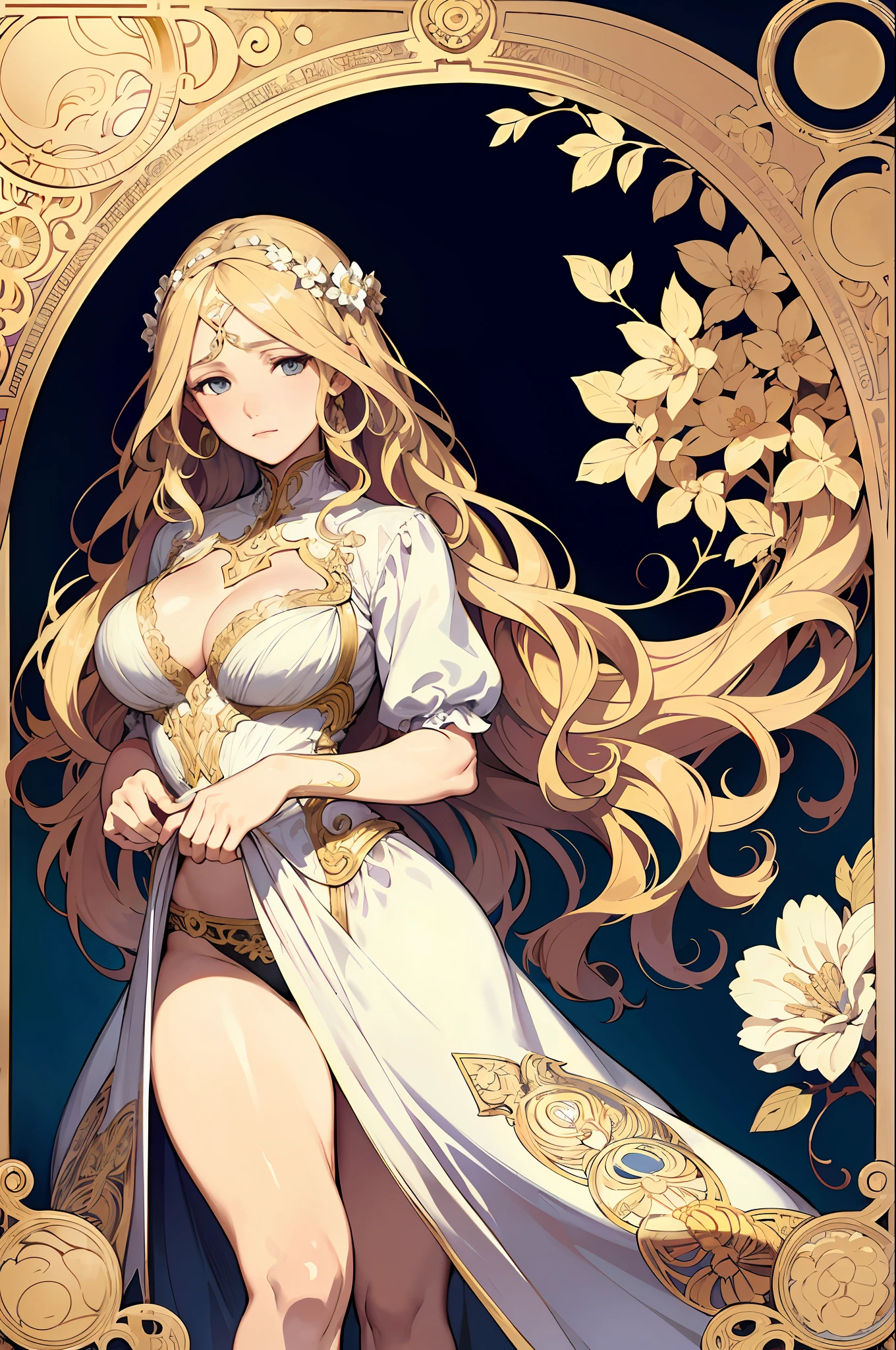 European woman's face portrait, long curly hair, blonde, flower frame, decorative panel, abstract art, by Alphonse Mucha (masterpiece, highest quality, high resolution: 1.4), detailed, intricate details, 4K, color splash, line art, Fibonacci, in ?????????