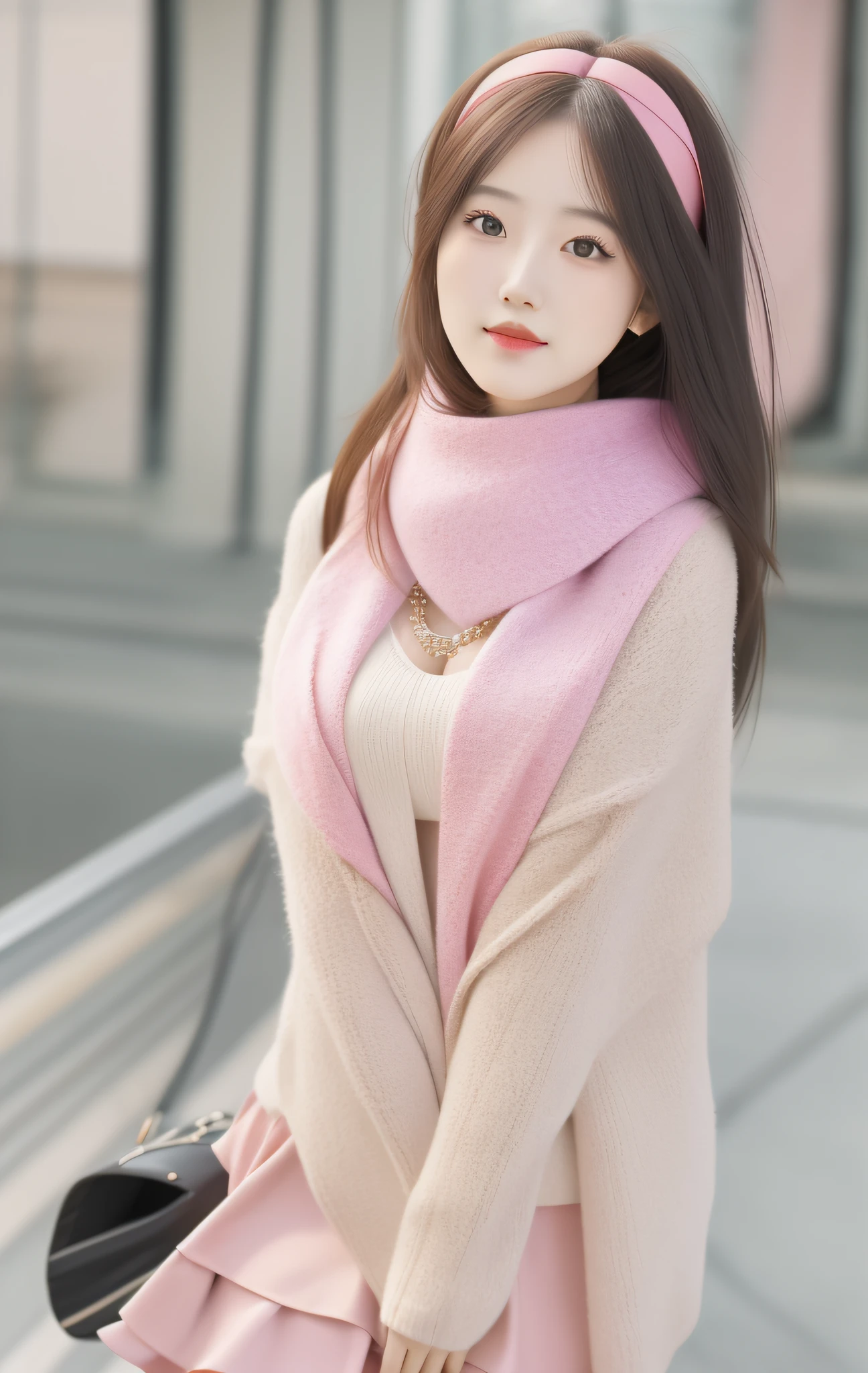 Best Quality, Masterpiece, High Resolution, 1 Girl, Shawl Hair Pink Miniskirt, Hair Accessories, Necklace, Jewelry, Beautiful Face, Physics, Tyndall Effect, Realism, Dark Studio, Edge Lighting, Two-tone Lighting, (High Detail Skin: 1.2), 8k UHD, DSLR, Soft Light, High Quality, Volumetric Light, Voyeur, Photo, High Resolution, 4K, 8K, Background Blur, Big Breasts, Full Body, Long Legs, High Heels, Red-Pink Leggings, Trimmed Face