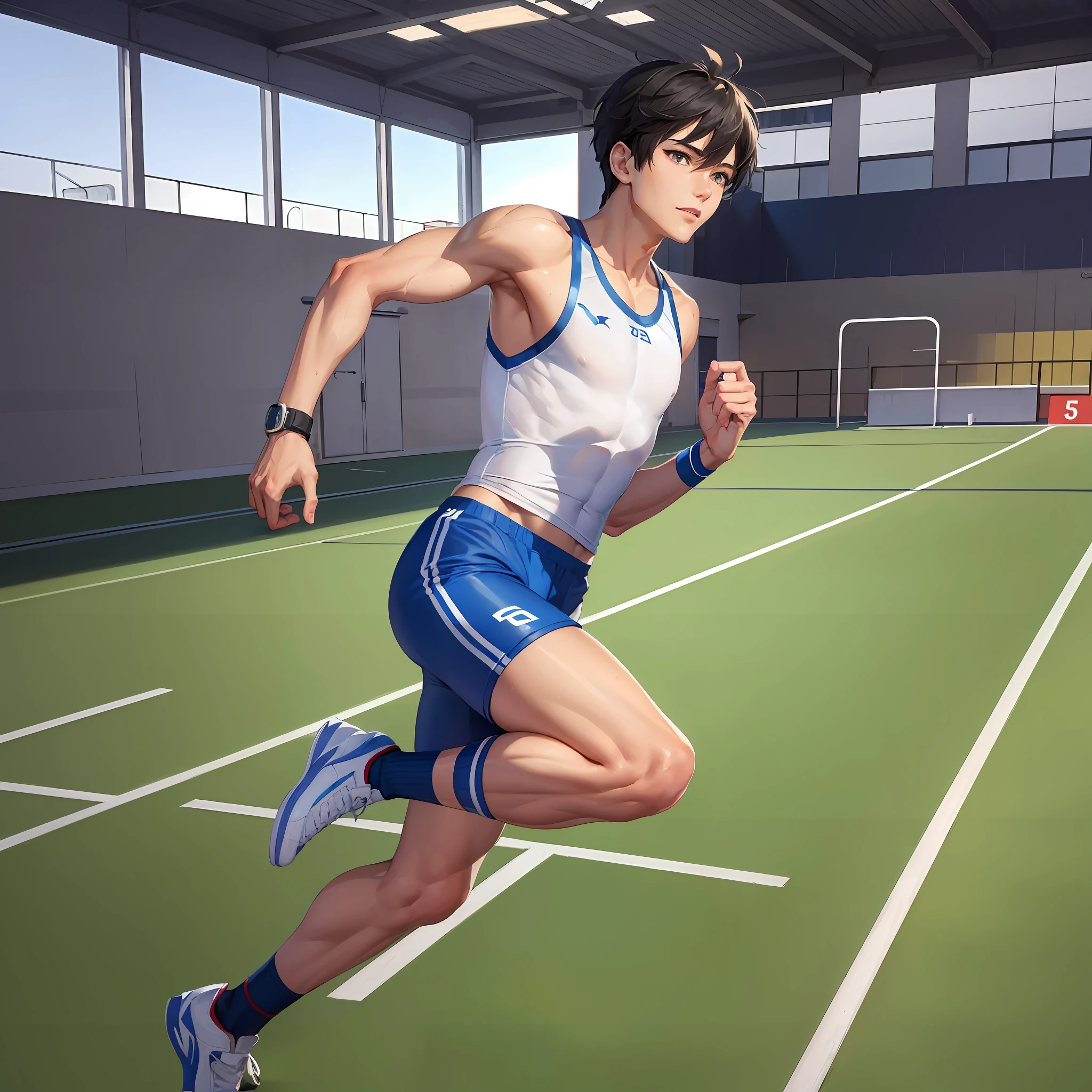 Wide shot, full body, 
masterpiece, best quality, ultra detailed, high-resolution, 
Full body Beautiful anime style boy, (anime line painting), super fine illustration, hand drawn, 

shiny skin, detailed skin, bare navel, 

Describe the moment when the man is running dynamically, 
Good looking, neutral face, Running male track and field athletes, 

The male  has a neutral face and is very slim.
He has a beautiful face that attracts men as well.
Men are handsome with feminine beauty.
cute boy,

(emaciated:1.2)
Emphasizes being male, 
Blue shorts and short sleeved uniforms, White track shoes,
Athletic track, blue sky,