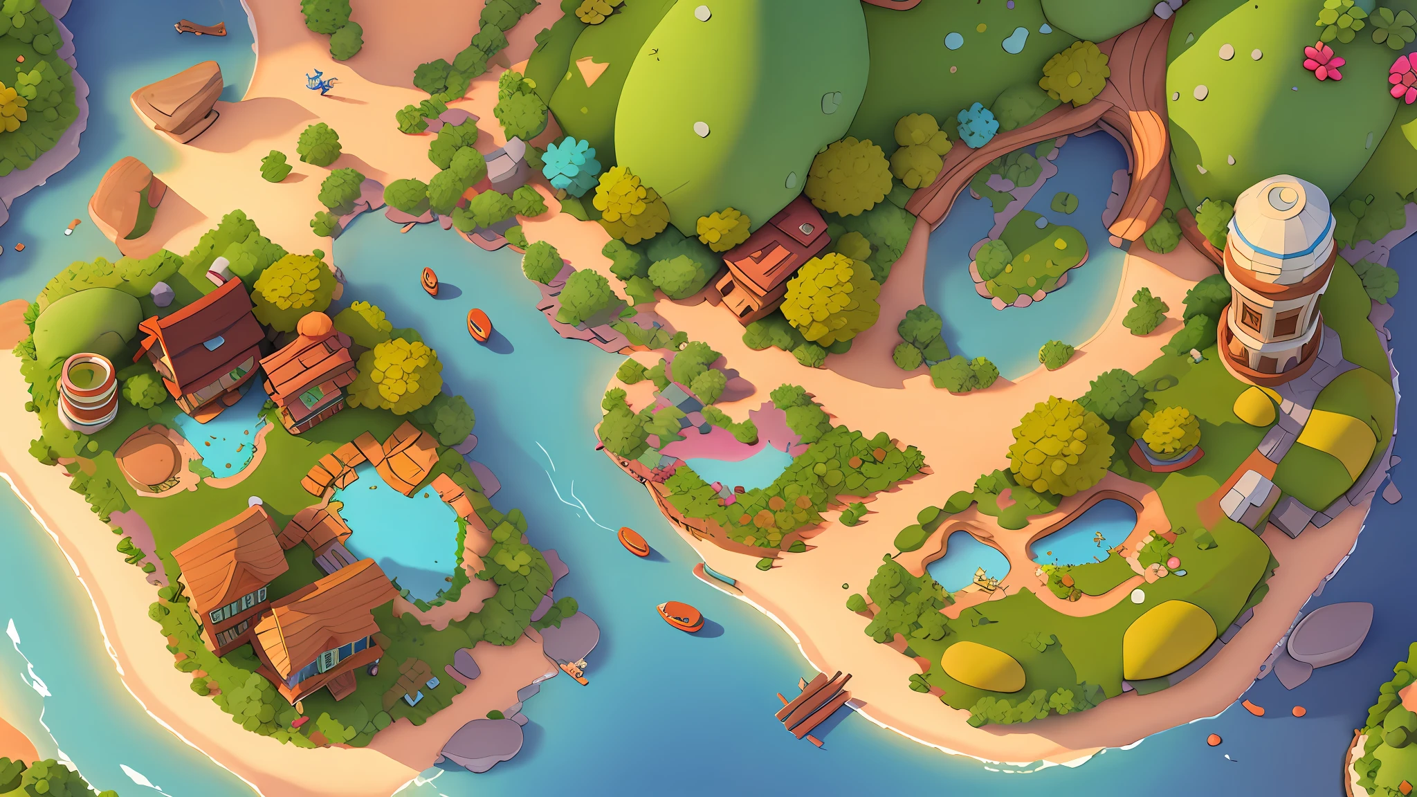 treasure map, forest, ocean, island, river, game architectural design, cartoon, town, stone, brick, meadow, river, flowers, casual game style, 3d, blender, masterpiece, super detail, best quality