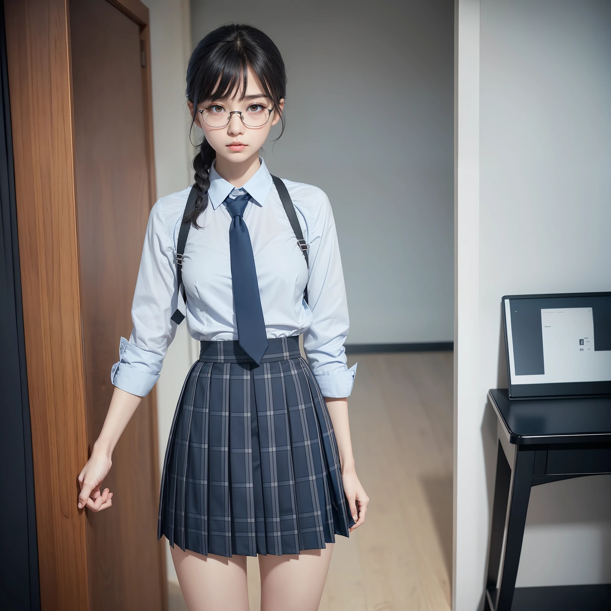 standing,((Absolutely one woman)),((One girl)),((One girl)),Knees spread,Raw photo, Candid, Narrow eyes, Full body, Black pantyhose, Textured skin, Blue panties fully visible,Blue tie,Short ponytail、Bangs about eyebrows,(Medium hair:1.2),Looking at viewer,Raw photo, pale skin, Japan person, glasses, small, young, tall, dark expression, bright black eyes, anger, school uniform, school pleats, blue and dark blue grey silver checked skirt dark blue× blue check, slender body, medium build, small waist, wide thighs, photorealistic, best quality, 8k, masterpiece