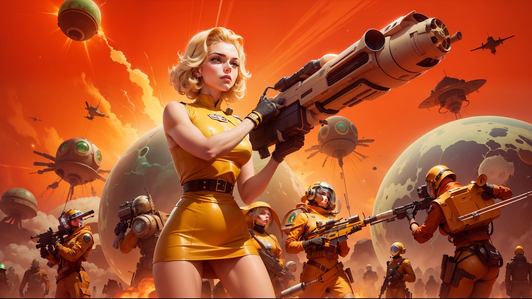 painting of a woman holding a gun in front of a bunch of aliens, style = retro-futurism, hollow earth infographic, minigun, inspired by Gil Elvgren, anamorphic widescreen, looks at the nuclear explosion, pretty space stars, a blonde emerald warrior, musk ( 2 0 2 4 ), youtube thumbnail, 2030s, artist rendition --auto --s2