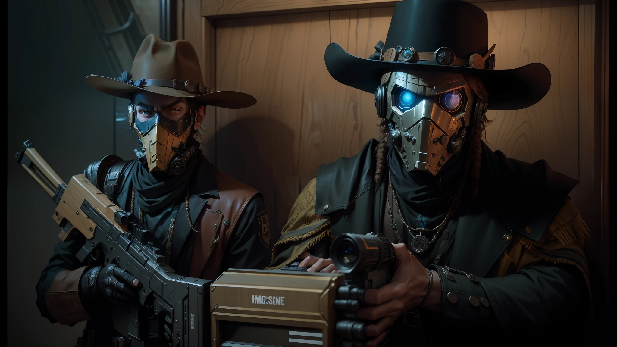 they are dressed in costumes and hats and holding guns, android jones and rhads, shot on nikon z9, cinematic style photograph, wearing wooden mask, reckless cohort, western clothing, elevator, hydropunk, noir animation, by William Simpson, psytrance, sectoid --auto --s2