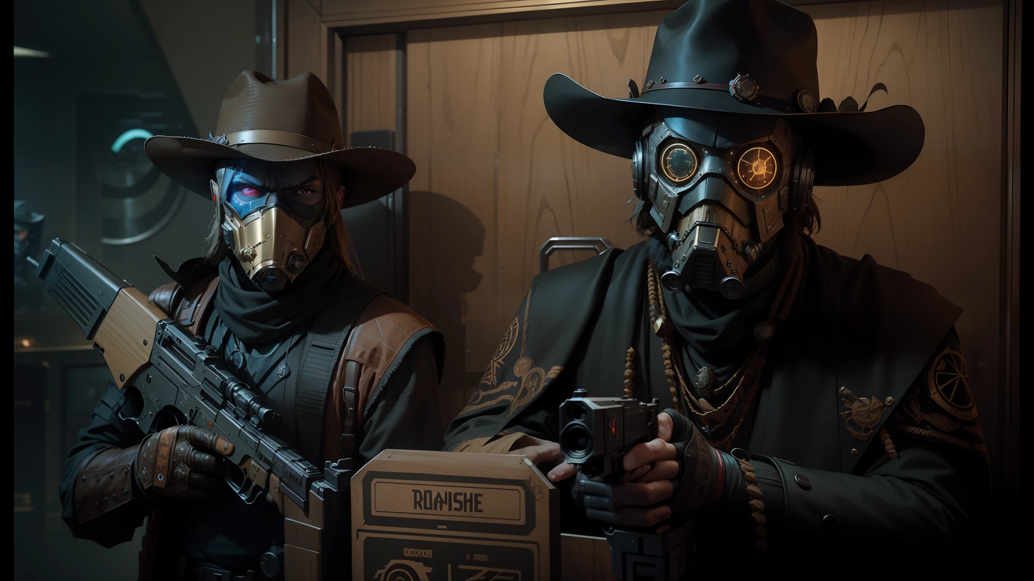 they are dressed in costumes and hats and holding guns, android jones and rhads, shot on nikon z9, cinematic style photograph, wearing wooden mask, reckless cohort, western clothing, elevator, hydropunk, noir animation, by William Simpson, psytrance, sectoid --auto --s2