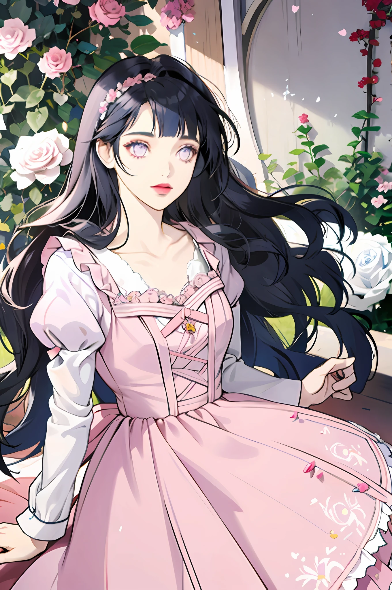 girl with long wavy dark blue hair holding a bouquet of pink and white roses, red lips, light purple eyes, cute dress, pastel blue dress, flowers, garden, blunt bangs,