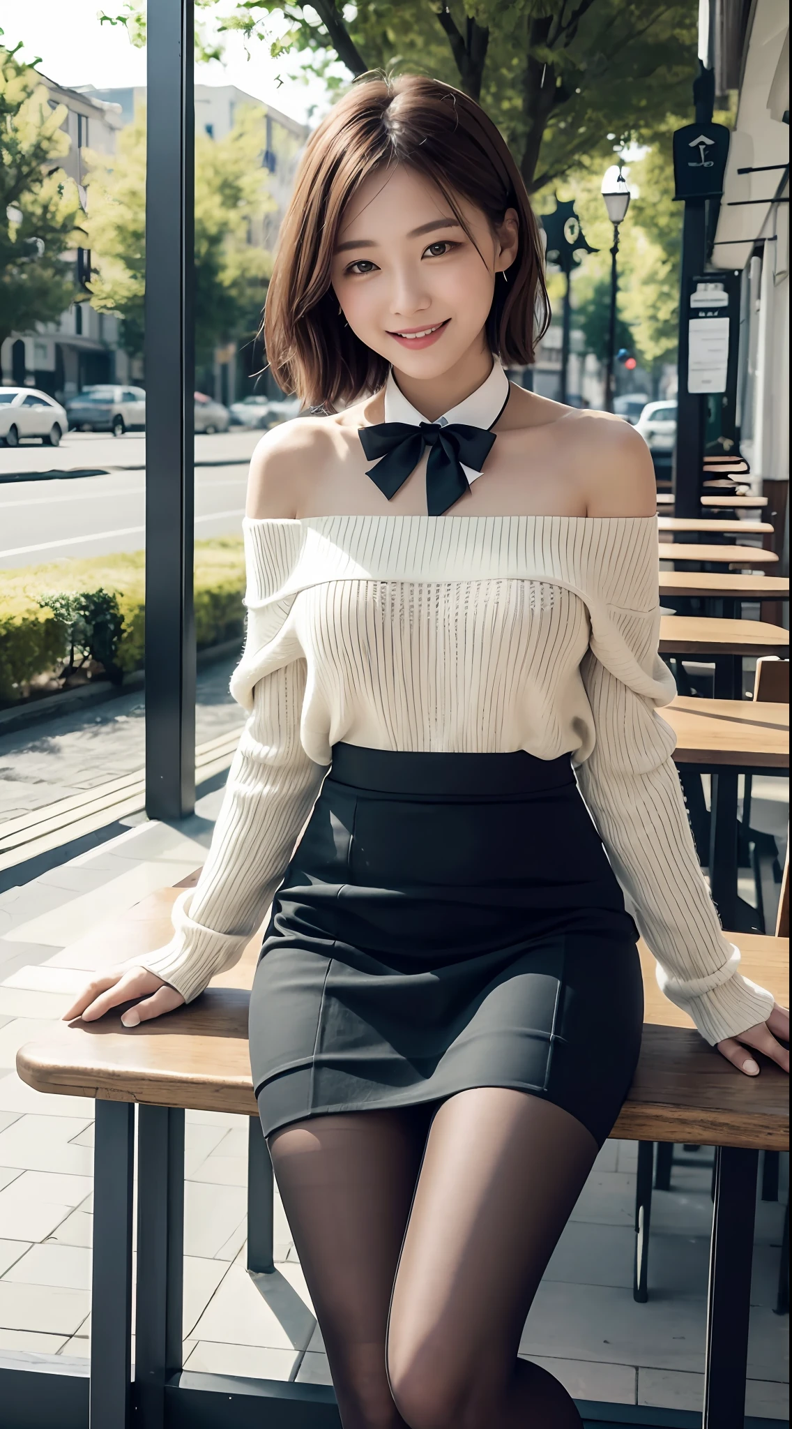 8k UHD, DSLR, Film Grain, Fujifilm XT3,(Best quality:1.3), (Masterpiece:1.1), High resolution, cinematic light, Intricate details, (Realistic), outside, beautiful outside, sunny,
Korean girl, (in café: 1.5) , dimples, short hair, looking at the audience, detailed trees, ribbon, bow tie, bare shoulders, ribbed sweater,
pencil skirt, high-waisted skirt, headrest, sitting, indoor,
 Necklace, black pantyhose, sheet transport sweater, (smile), (full body: 1.6), slender, (NSFW: 1.33)