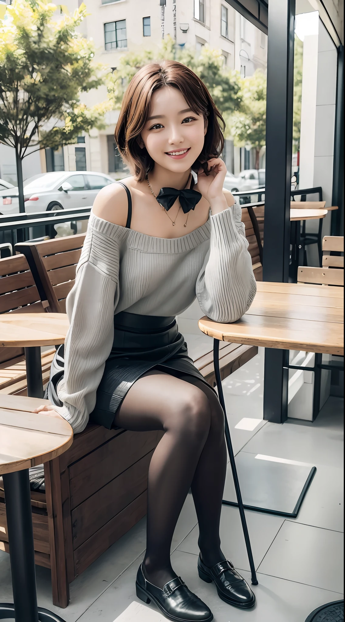 8k UHD, DSLR, Film Grain, Fujifilm XT3,(Best quality:1.3), (Masterpiece:1.1), High resolution, cinematic light, Intricate details, (Realistic), outside, beautiful outside, sunny,
Korean girl, (in café: 1.5) , dimples, short hair, looking at the audience, detailed trees, ribbon, bow tie, bare shoulders, ribbed sweater,
pencil skirt, high-waisted skirt, headrest, sitting, indoor,
 Necklace, black pantyhose, sheet transport sweater, (smile), (full body: 1.6), slender, (NSFW: 1.33)