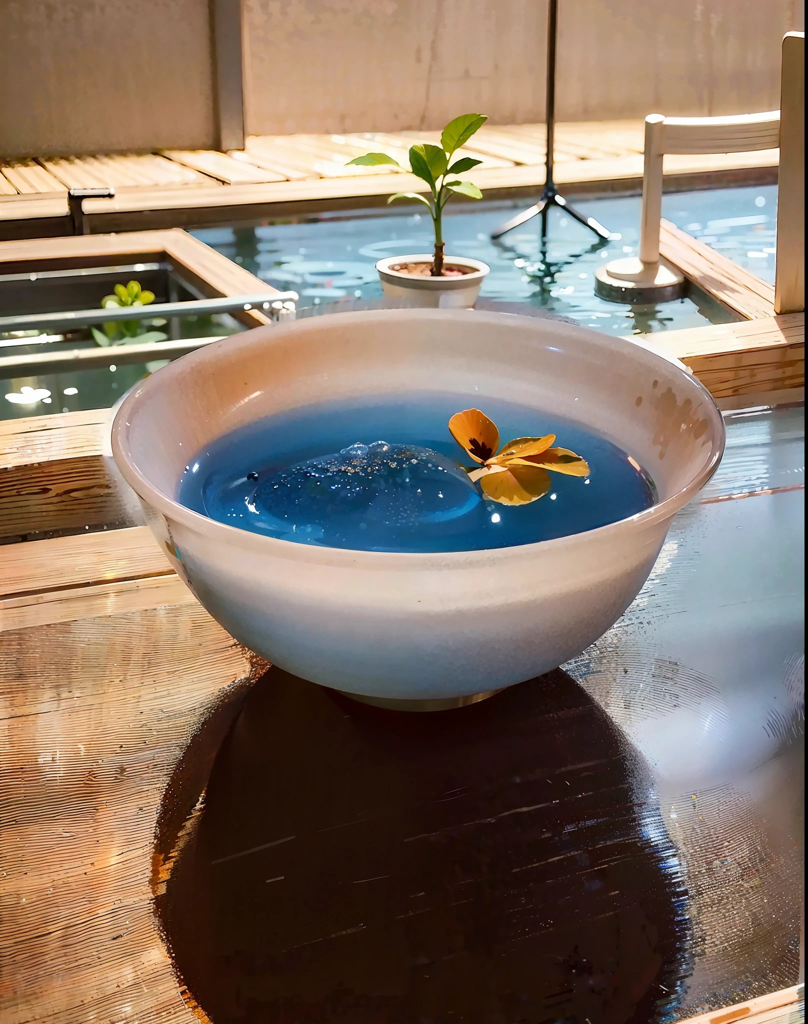 there is a bowl of water with a flower in it, dripping blue natural iwakura, by david rubín, inspired by Matteo Pérez, by Matteo Pérez, by Nōami, by Yasushi Sugiyama, inspired by Nishida Shun'ei, by Aya Goda, shot on leica sl2, inspired by Asai Chū