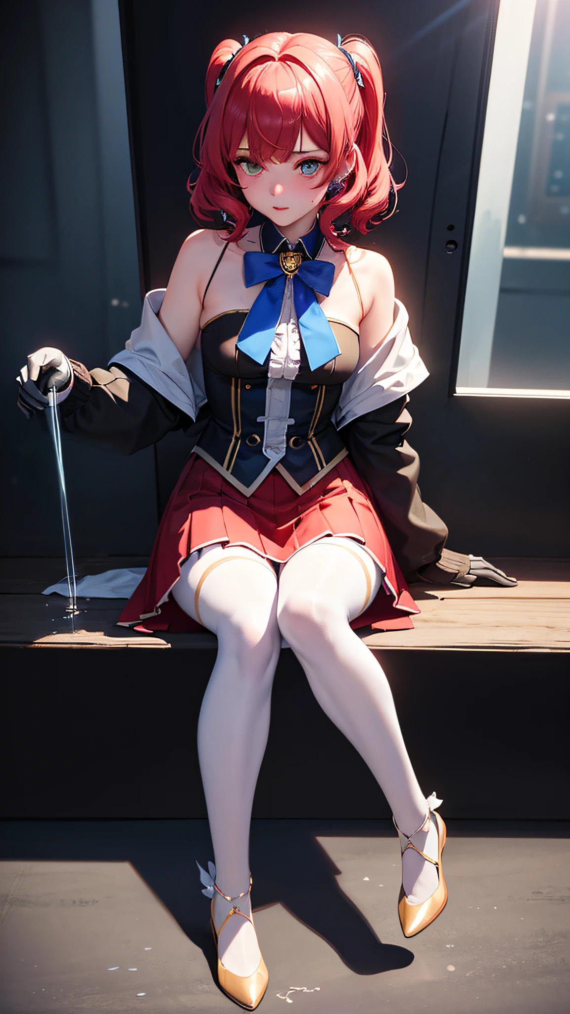 straight-on, cinematic angle, reference sheet, girl, red skirt, yellow gloves, red booties, yellow stockings, solo, full body, see-through, standing, long legs, bow legs, modern, sitting, {{{translucent}}, {{translucent}}}}, {{{{official art}}}}}}, {{blue archive}}}} }}, holographic interface, computer, machine, machine, neon decoration, after image, shiny skin, shiny clothes, water eyes, pursed lips, (((blush)), eyes looking down, high, weird, incredibly ridiculous, solo, game cg, diffraction thorn, eye reflection, glowing hair, ((red hair)), backlight, light particles, light rays, magic, glass, light, shadow, white pupils, magic girl, gems, shorts under a short skirt, pantyhose, silver trim, frills , holographic interface, holographic display, electricity, no bangs, explosive head, short hair, curly hair, gold decoration, silver decoration, tassel decoration, hair decoration, hexagon, triangle,
