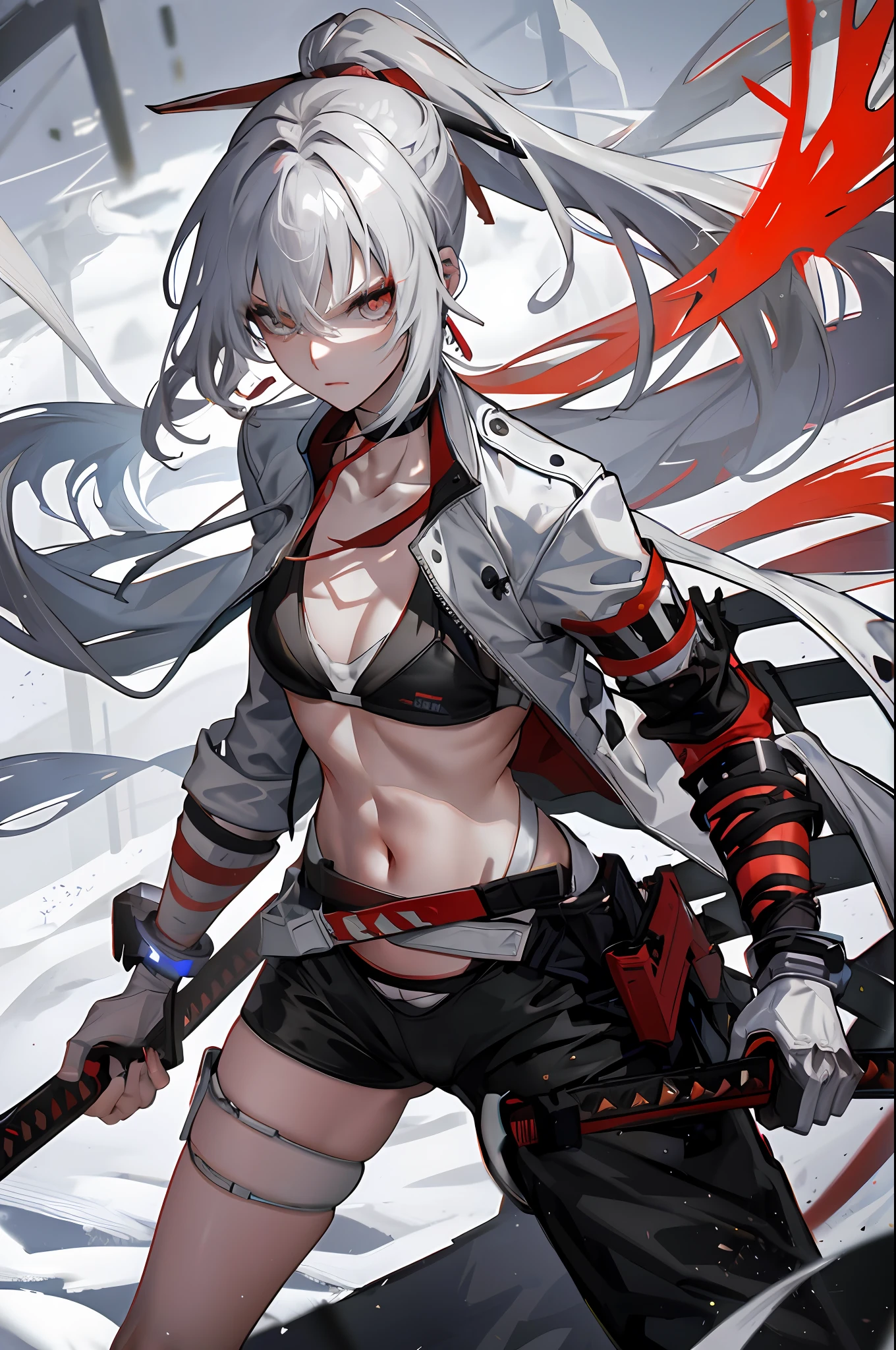 (Masterpiece: 1.1), (Best quality: 1.0), (Ultra HD: 1.0), (8k resolution: 1.2), (Real: 1.0), (Ultra detail 1:0), (RAW Photo: 1.1), outdoor, 1 girl, medium breasts, collarbone, wearing a black top bikini, wearing a black leather shorts, white jacket open, eyebrows visible through the hair, medium chest, solo, white, (ear piercing: 1:1), earrings, looking at the camera,  nail art, nail polish, transparent bangs, light and long gray hair, ponytail, collarbone, thigh opening, small hips, (cameltoe: 1.2), red right pupil, holding a red katana in right hand, red katana, angry expression, red ribbon in hair, black band on left arm, black belt on left thigh, detailed and bright eyes, closed hands