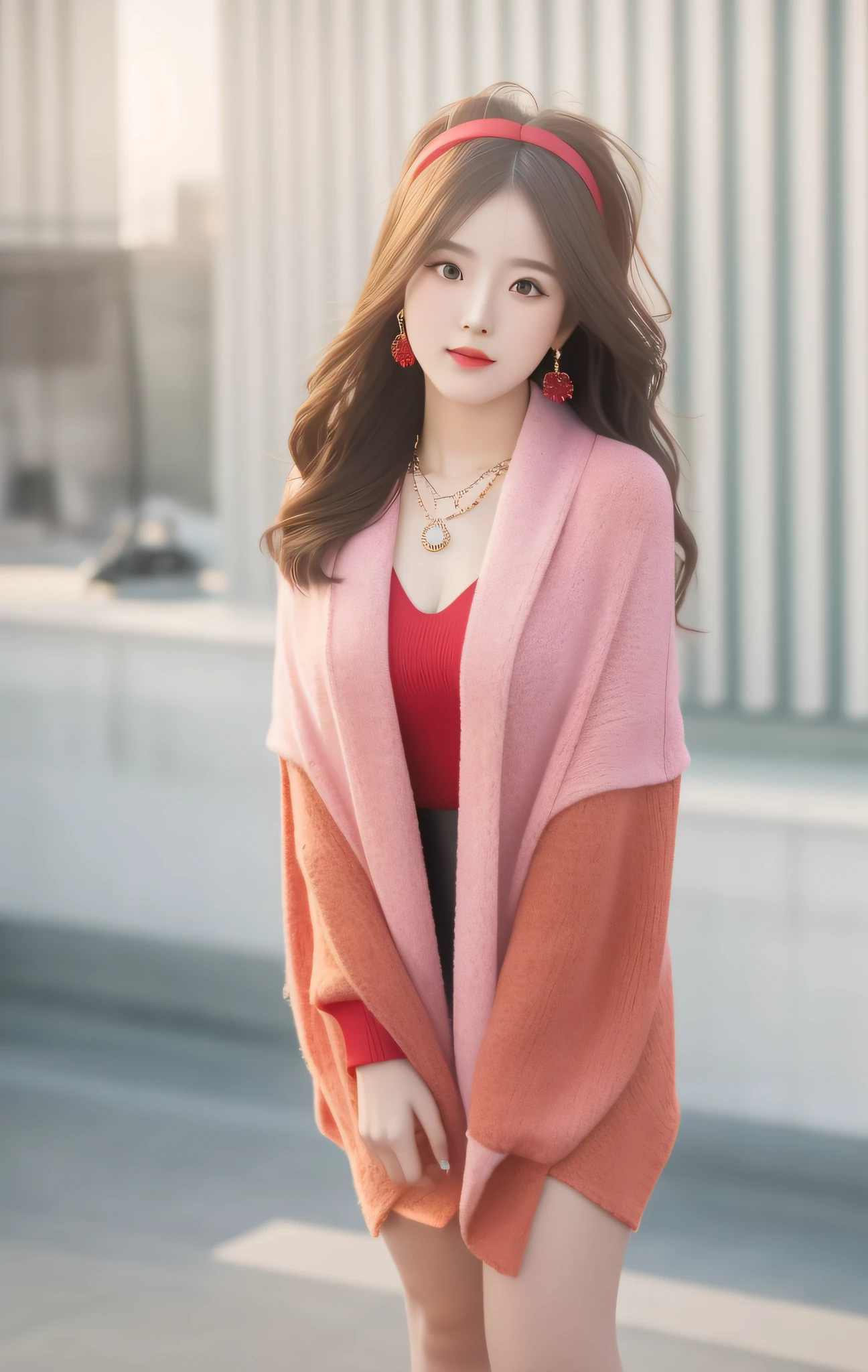 Best Quality, Masterpiece, High Resolution, 1 Girl, Shawl Hair Red Miniskirt, Big Low Cut, Hair Accessories, Necklace, Jewelry, Beautiful Face, Physics, Tyndall Effect, Realistic, Dark Studio, Edge Lighting, Two-tone Lighting, (High Detail Skin: 1.2), 8k UHD, DSLR, Soft Light, High Quality, Volumetric Light, Voyeur, Photo, High Resolution, 4K, 8K, Background Blur, Big Chest, Full Body, Long Legs, High Heels, Red Leggings, Trimmed Face