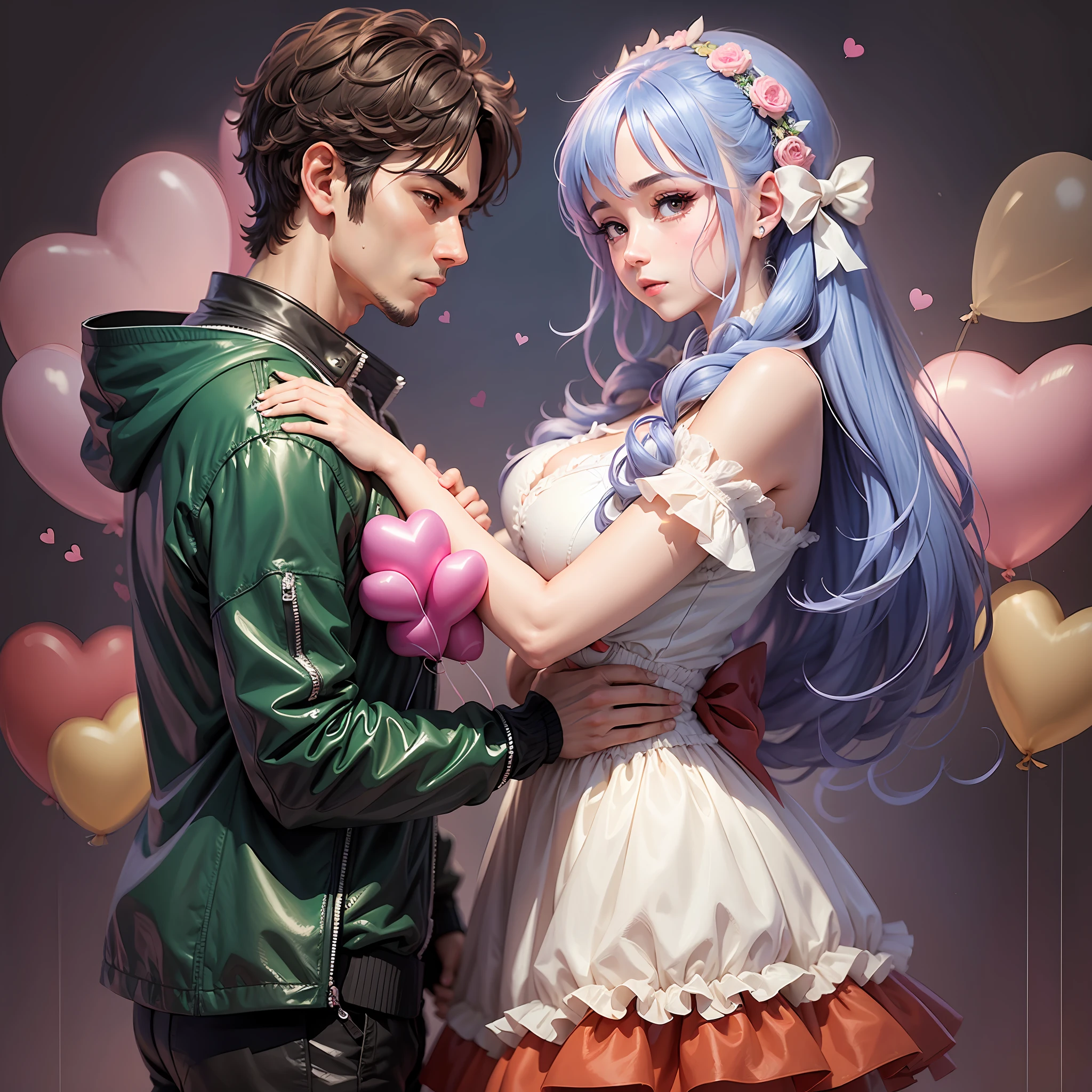 A man and a woman in anime style look at each other, both holding heart-shaped balloons in their hands --auto --s2