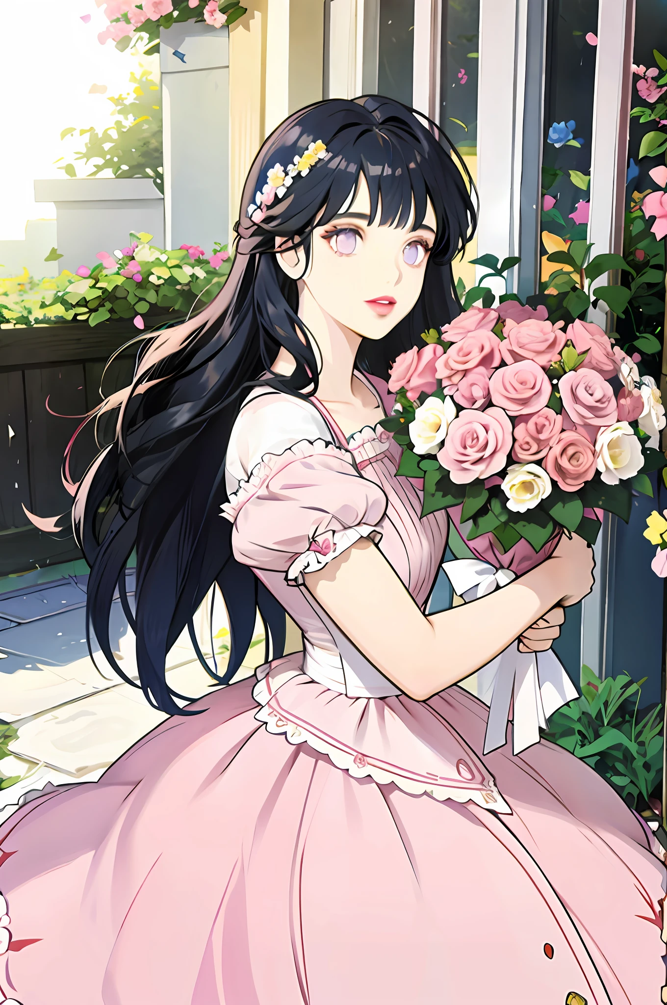girl with long wavy dark blue hair holding a bouquet of pink and white roses, red lips, light purple eyes, cute dress, pastel yellow dress, flowers, garden, blunt bangs,