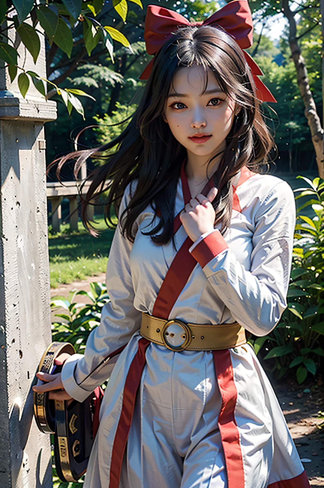 (ultra-detailed, CG ,unity ,8k wallpaper),(masterpiece),(realistic),(photorealistic:1.2),(raw photo:1.2), (best quality:1.2), (detailed face :1.4),(beautiful detailed eyes :1.2),(detailed hair),light on face, huge filesize ,cinematic lighting, 1girl,nishikigi chisato, red ribbon, (lycoris uniform, two-tone dress, grey dress, pleated dress, belt, red belt,neck ribbon, blue ribbon, long sleeves,) smile, pov, effects,