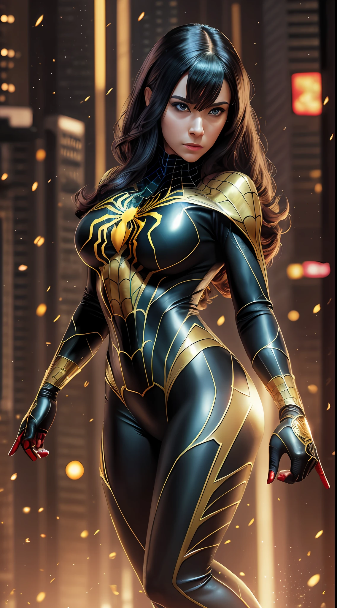 Beautiful woman, solo, full body, in a black and gold spider man cosplay, medium breast, perfect body, perfect face, blue eyes, red hairs, background in black with large gold spider webs, best quality, award-winning, cinematic poster, wallpaper, hyperrealistic, ultrarealistic, intricate details, UHD, 8K, incredible details, soft light, deep shadows, soft shadows, photorealistic --s2