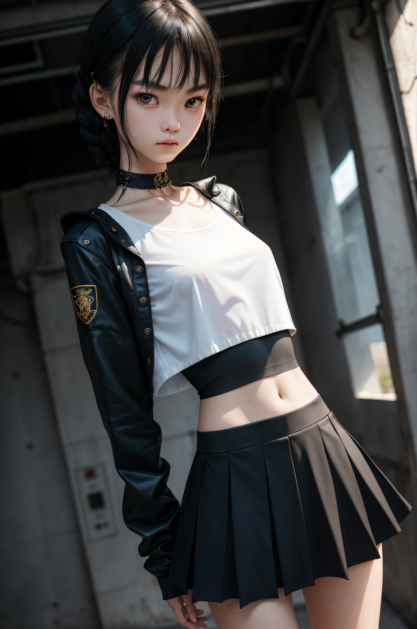 (8K, RAW, Professional, Best Quality, Masterpiece: 1.2), (Realistic, Photorealistic: 1.37), Ultra Detail, (Portrait), (Best Detail Skin: 1.2), (Best Detail Face: 1.2), Cinematic Lighting, 1 Girl, (Masterpiece), (Best Quality: 1.0), (Ultra High Definition: 1.0), Detailed Illustration, portrait, detail, girl, one, , detailed beautiful skin, slender, face focus, dim light, harsh theme, constriction, complete anatomy, lower body thin and slender legs, short hair with random hairstyle, ultra high definition face, detailed eyes, mine system, goth loli, thin sclothes of white, choker, braided sneakers, with bulge visible from taut pointed clothes, Hair ornament, idol group uniform, knee-length skirt, two legs