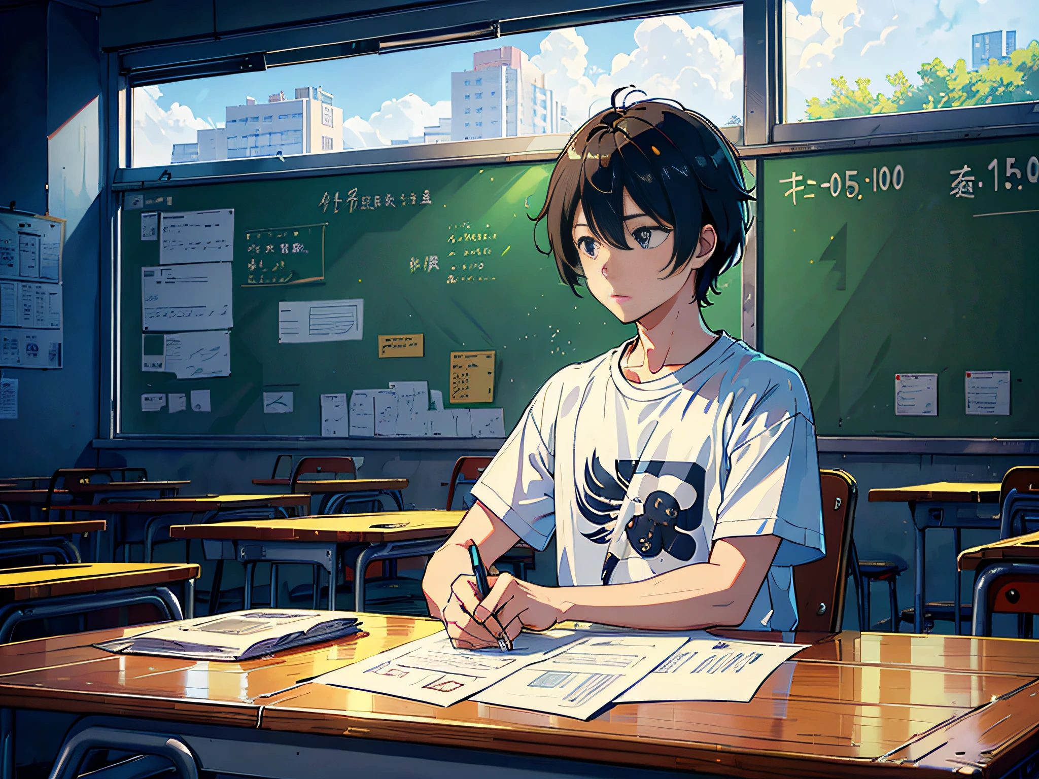 The sun is shining at noon, a boy is sitting in the classroom, (boy 1.5) The man is wearing a white T-shirt, the background is in the classroom, sitting on a chair, sitting on a stool, holding a pen, (there is a test paper 1.5), (Money Falling Down in the Classroom 2.0) (Money Falling Around: 3.0), the lens mainly features the upper body, (the lens mainly features money Falling Down in the classroom 3.0), in the Loepfe Art Style ((New Sea City), popular in CGStation, Shinkai Cheng H 2160, inspired by Bian Shoumin, Xinhaicheng, Kavassi, Guwitz style, high quality, 4K, 8K, resolution, -auto-s2
