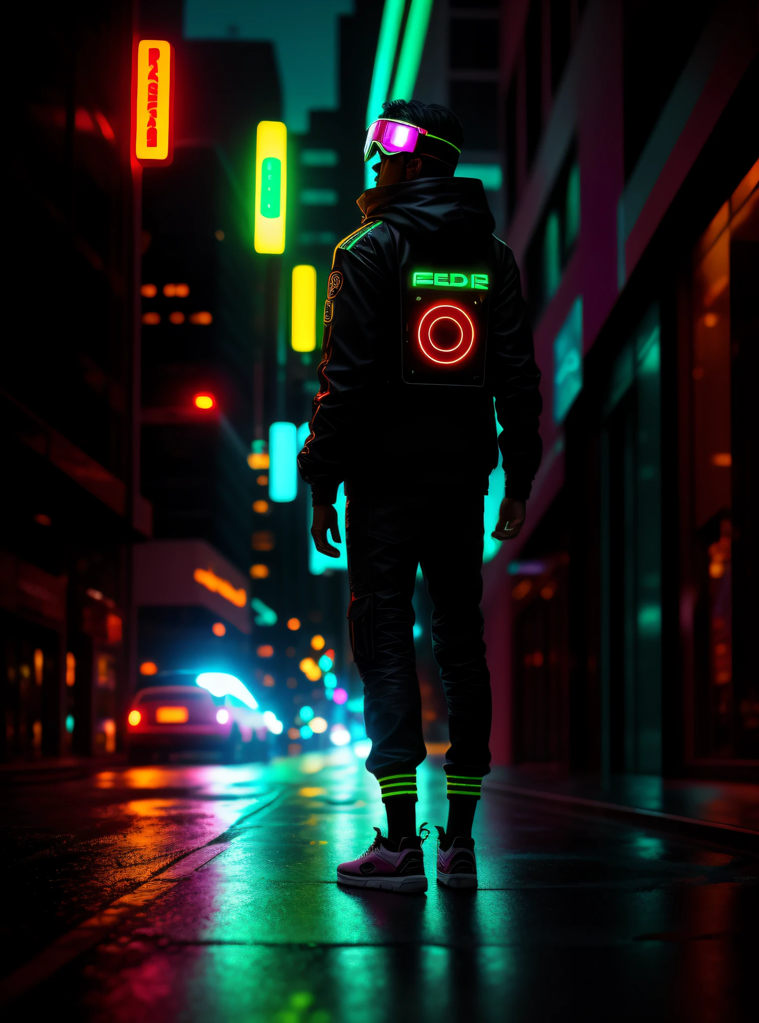 A photo of an award-winning masterpiece, psychedelic cyborg standing on a city street on a rainy night, wearing neon-colored luminescent goggles, 8k, (high quality: 1.1), (cinematic: 1.1), dark deep shadows, incredibly intricate details, art, (up close: 1.1), from above, side face, (flash: 1.1), (chromatic aberration, :1.2) background with floating light artifacts