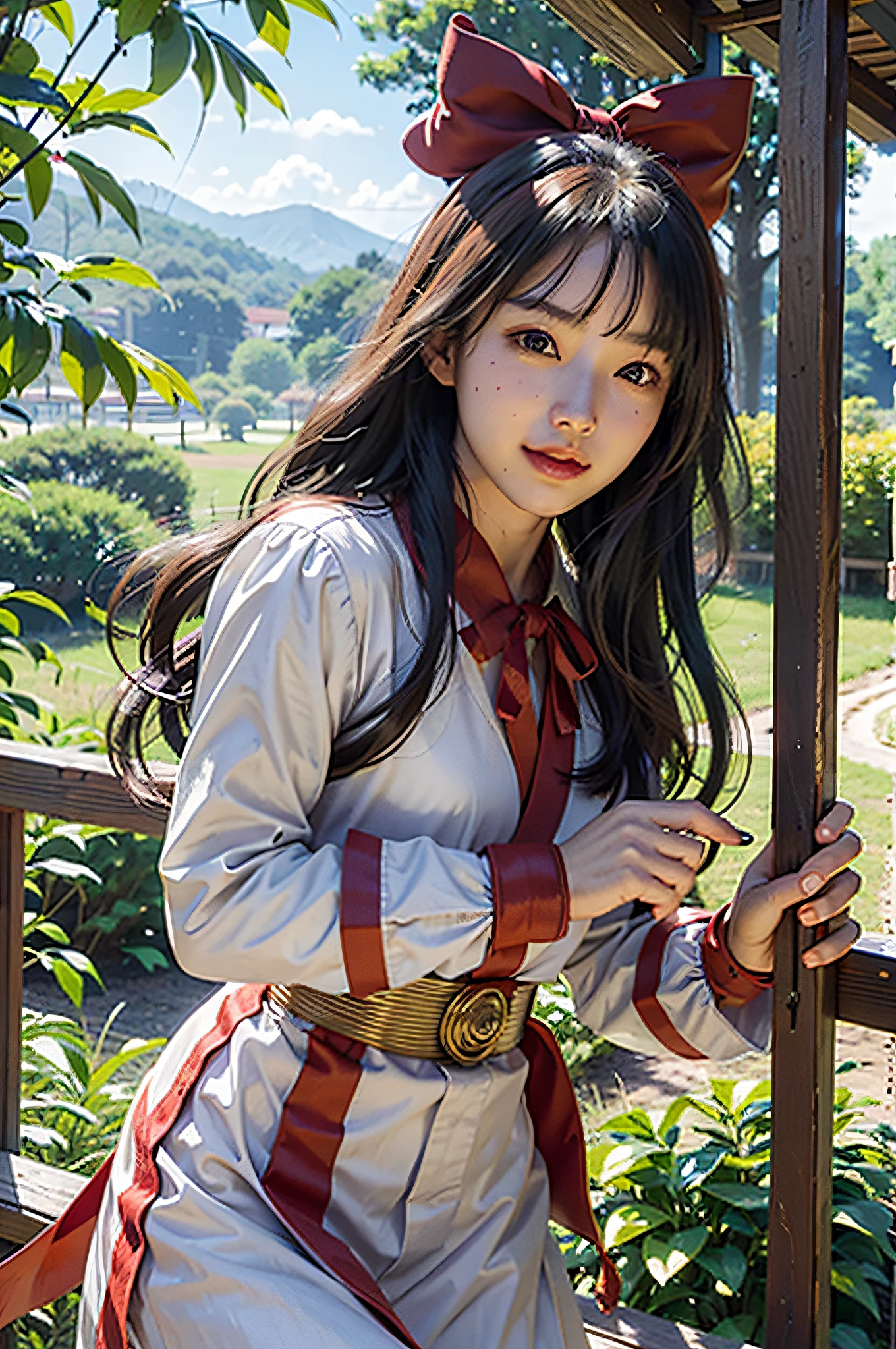 (ultra-detailed, CG ,unity ,8k wallpaper),(masterpiece),(realistic),(photorealistic:1.2),(raw photo:1.2), (best quality:1.2), (detailed face :1.4),(beautiful detailed eyes :1.2),(detailed hair),light on face, huge filesize ,cinematic lighting, 1girl,nishikigi chisato, red ribbon, (lycoris uniform, two-tone dress, grey dress, pleated dress, belt, red belt,neck ribbon, blue ribbon, long sleeves,) smile, pov, effects,