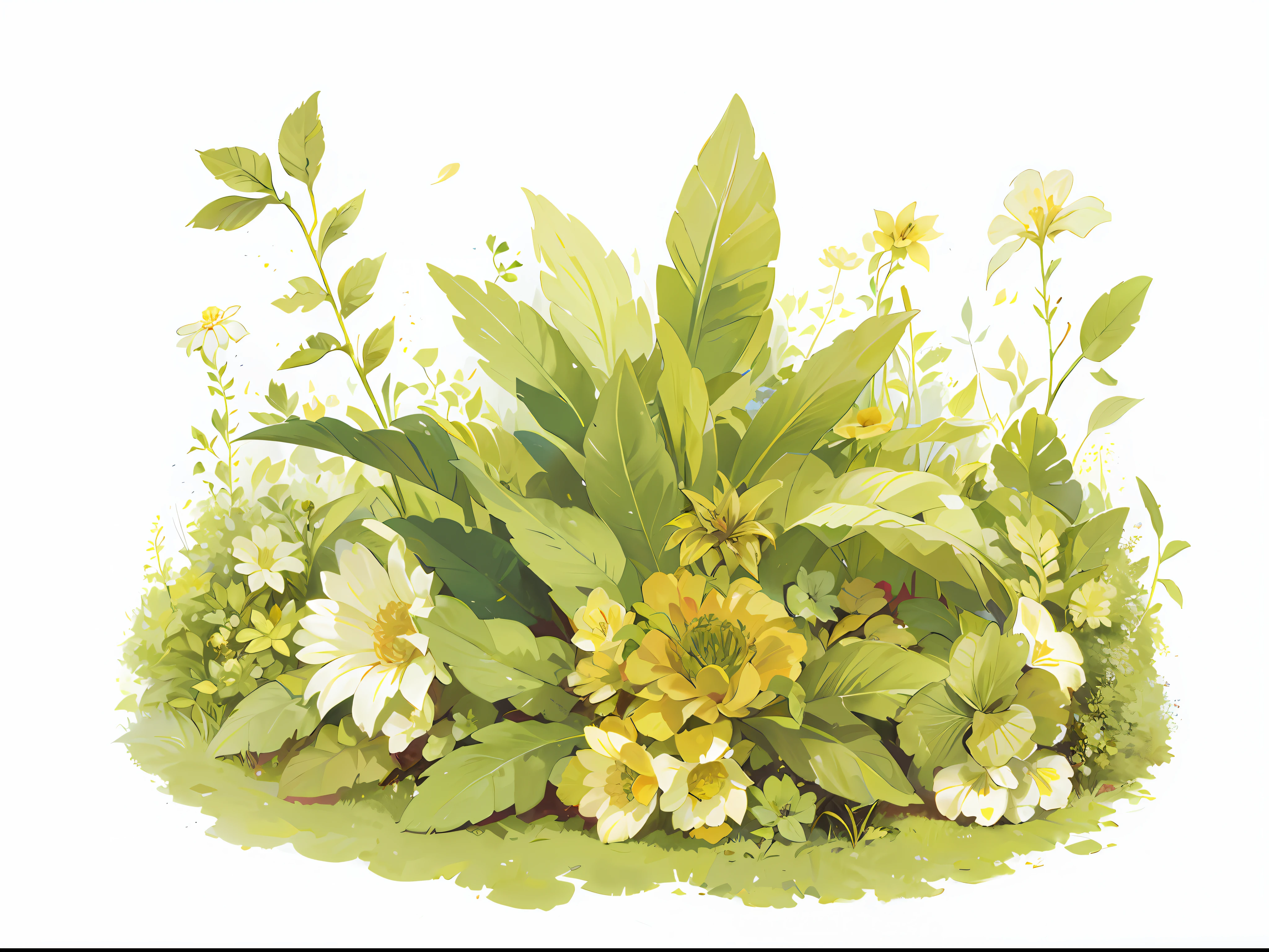 there is a painting of a bunch of flowers on a white background, flowers and foliage, floral environment, made of flowers and leaves, full color illustration, lush garden leaves and flowers, painted pale yellow and green, with yellow flowers around it, fantasy flowers and leaves, plants growing on it. gouache, watercolor illustration style, detailed scenery —width 672